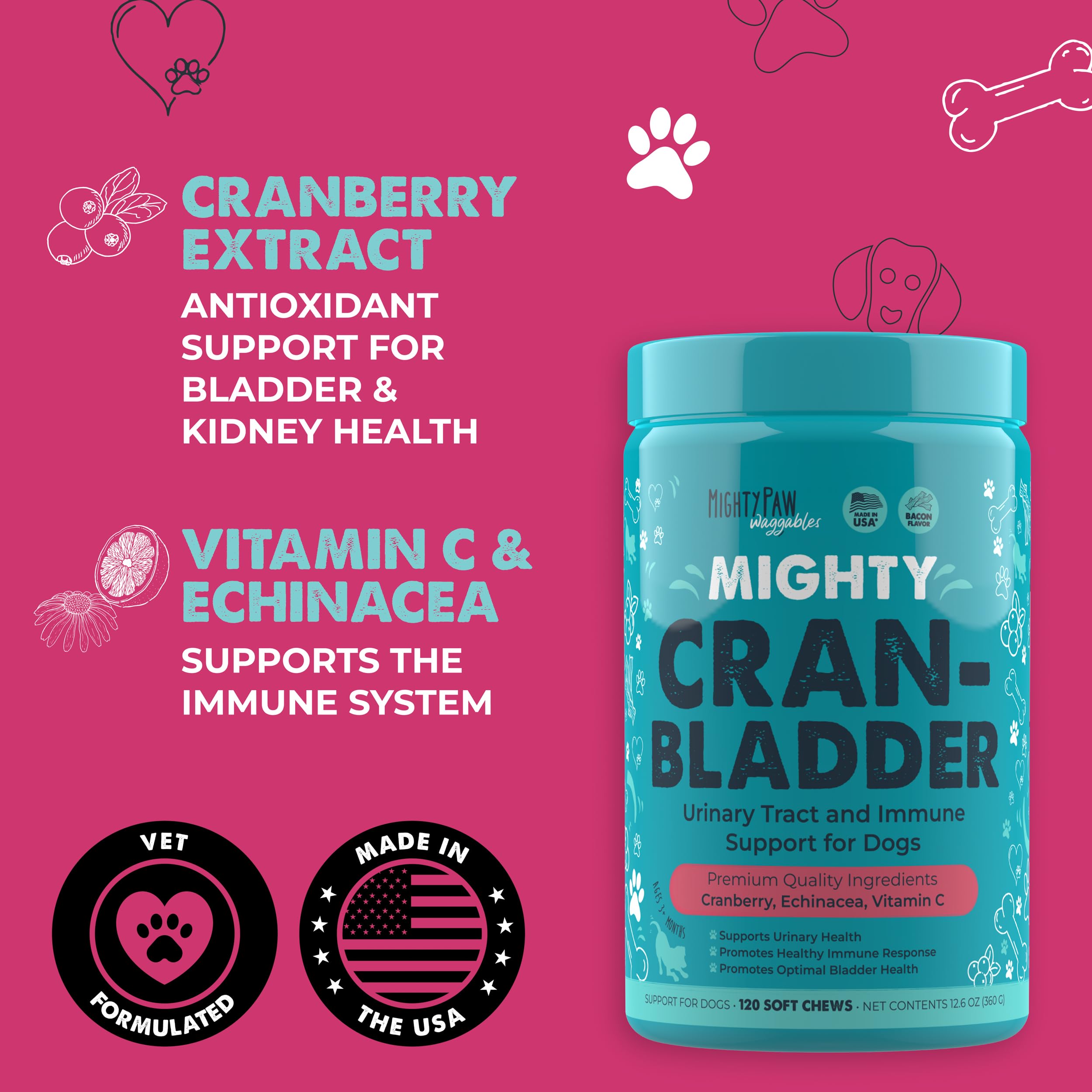 Étiquette Mighty Paw Cran-Bladder indiquant fabrication américaine et localisation Rochester pour la qualité.