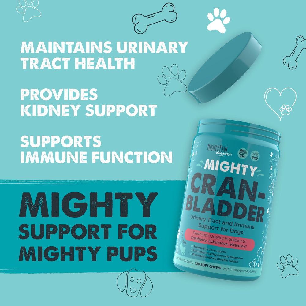 Friandises au bacon Mighty Paw Cran-Bladder, goût apprécié par les chiens.