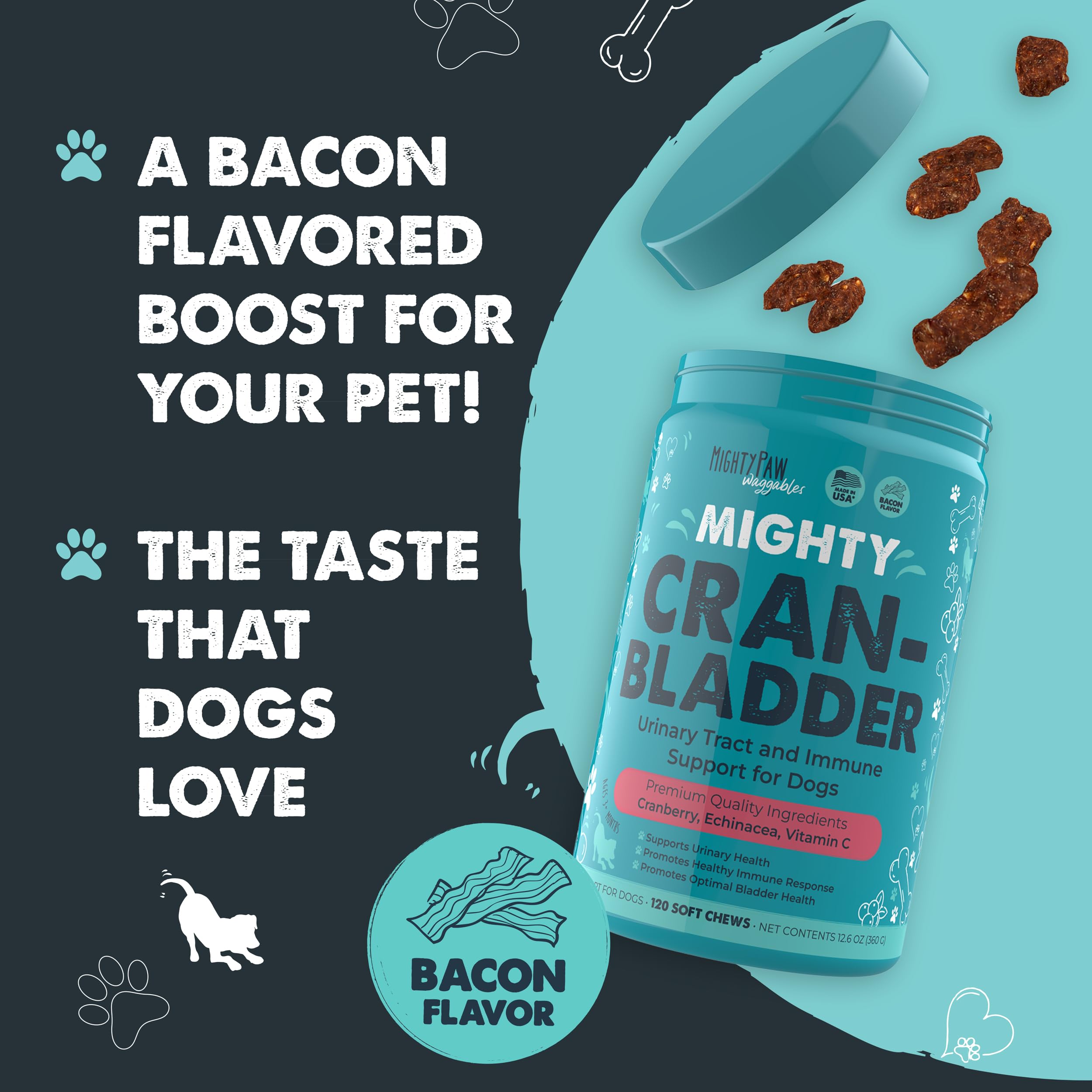 Utilisation facile: donnez une bouchée par jour avec Mighty Paw Cran-Bladder.