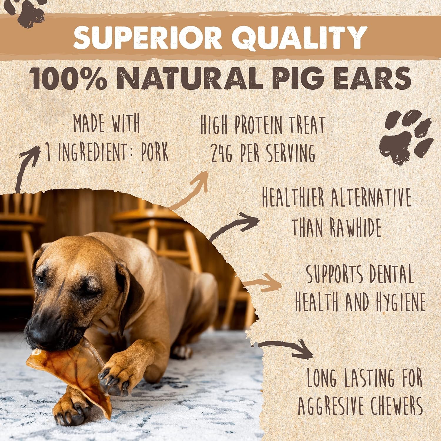 Détail texture des demi-oreilles de porc pour chien, texture naturelle et satisfaisante.