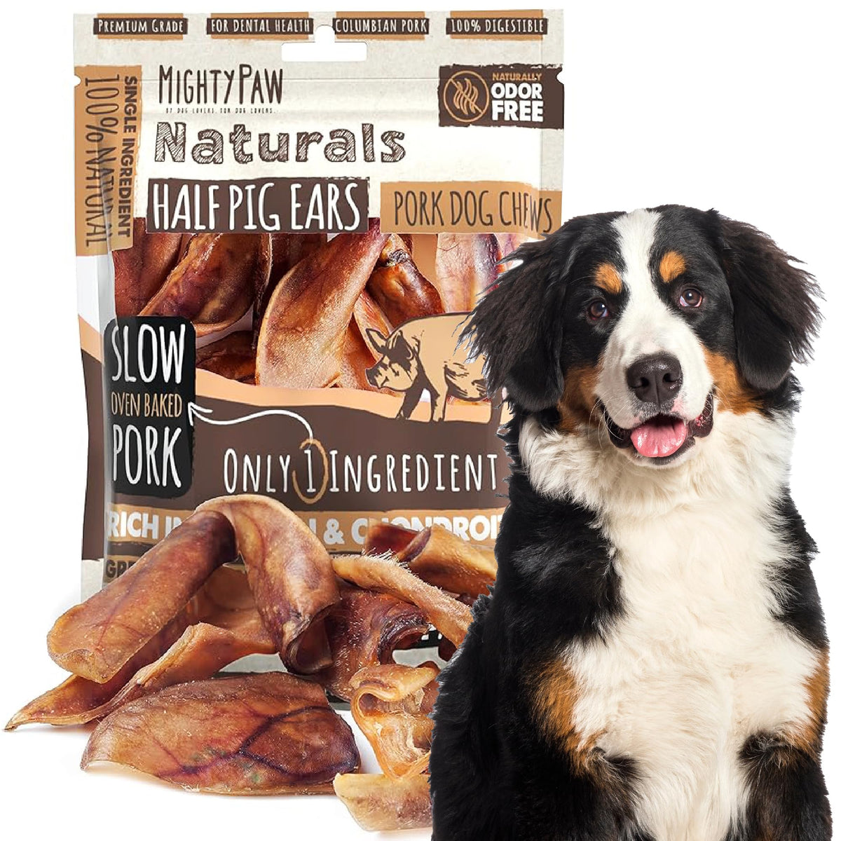 Mighty Paw demi-oreilles de porc – paquet de 12, idéale pour occuper et récompenser votre chien.