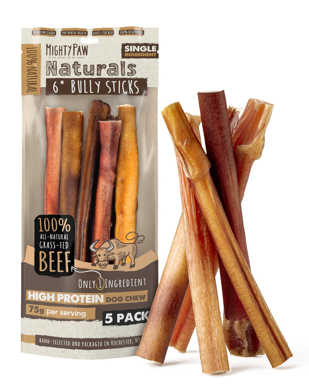 Mighty Paw Naturals Bully Sticks: boeuf naturel, 6 pouces, lot de 5, mastication durable