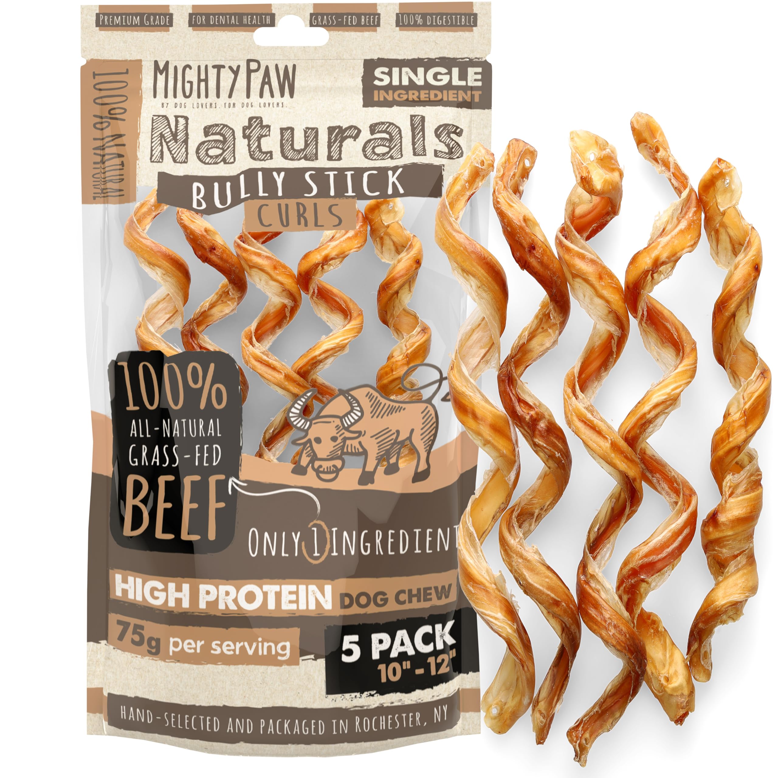 Mighty Paw Naturals Curly Bully Stick 12-pouces, stimule la mastication durable