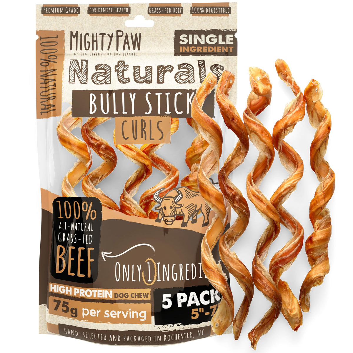 Emballage Mighty Paw Naturals Curly Bully Sticks, pratique et prêt à offrir.