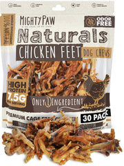 Friandise Mighty Paw Naturals pattes de poulet: emballage facile à ranger et naturelle.