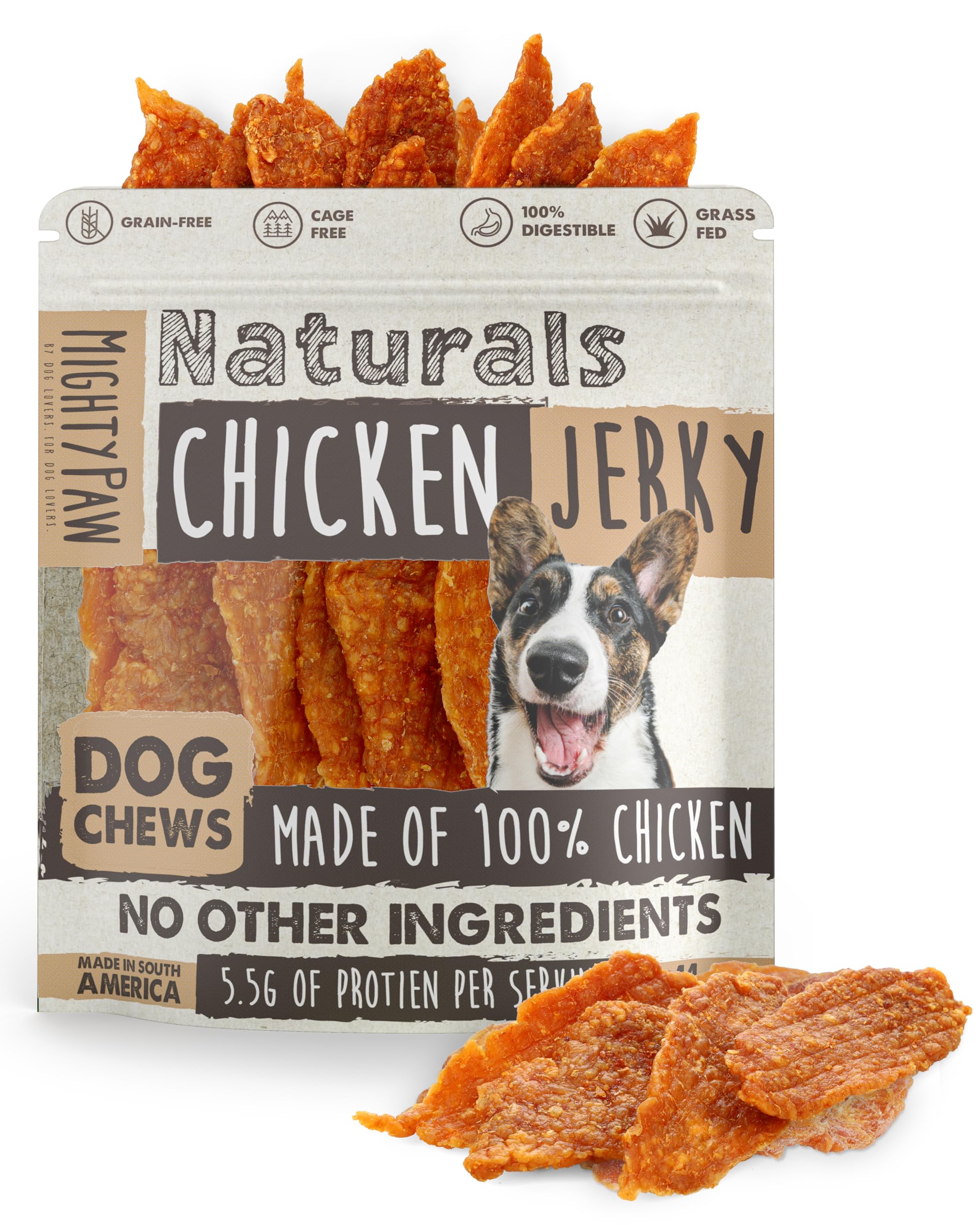 Mighty Paw Naturals poulet jerky pour petits chiens, récompense savoureuse et riche en protéines.