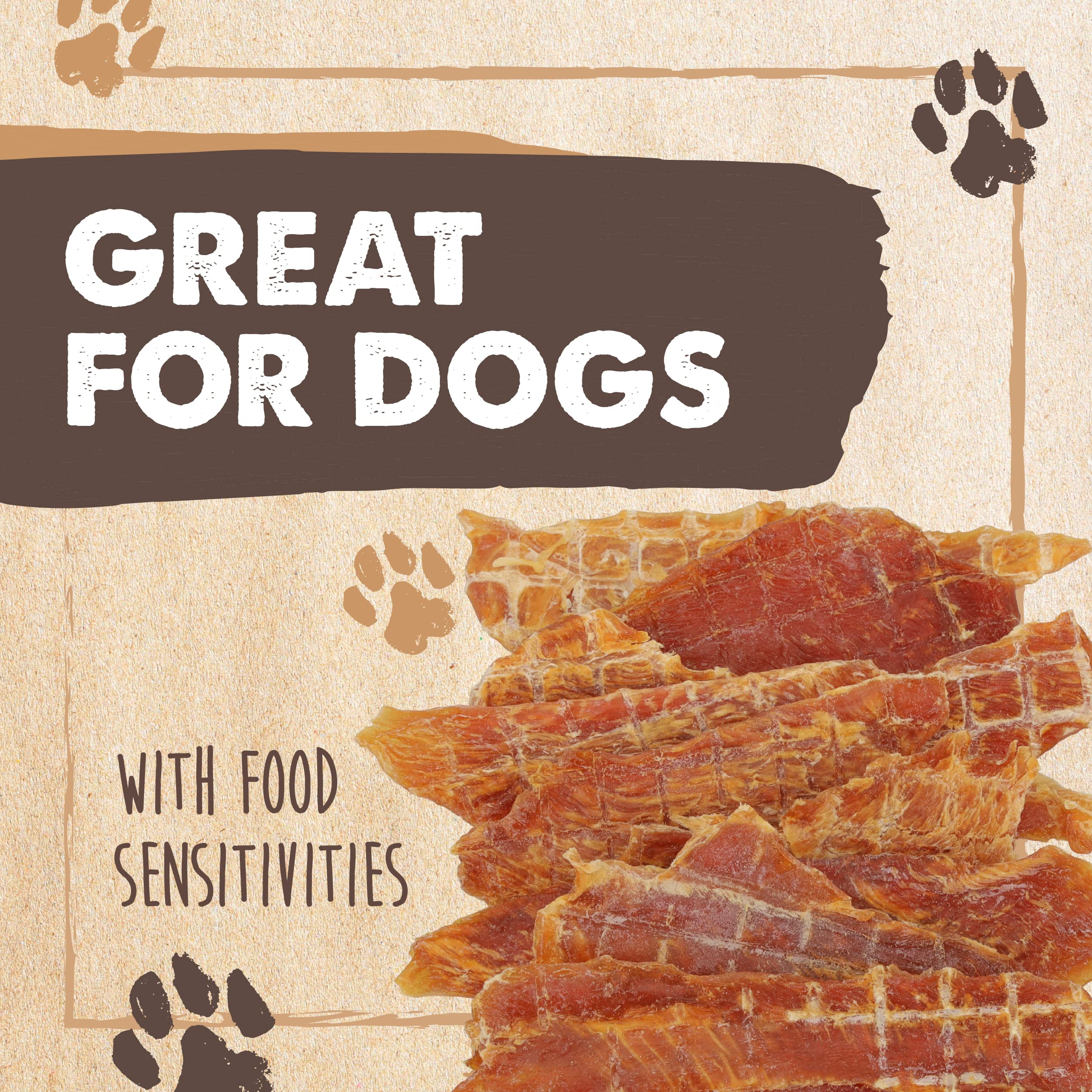 Mighty Paw Naturals poulet jerky texture sèche, dégustation lente et satisfaisante.