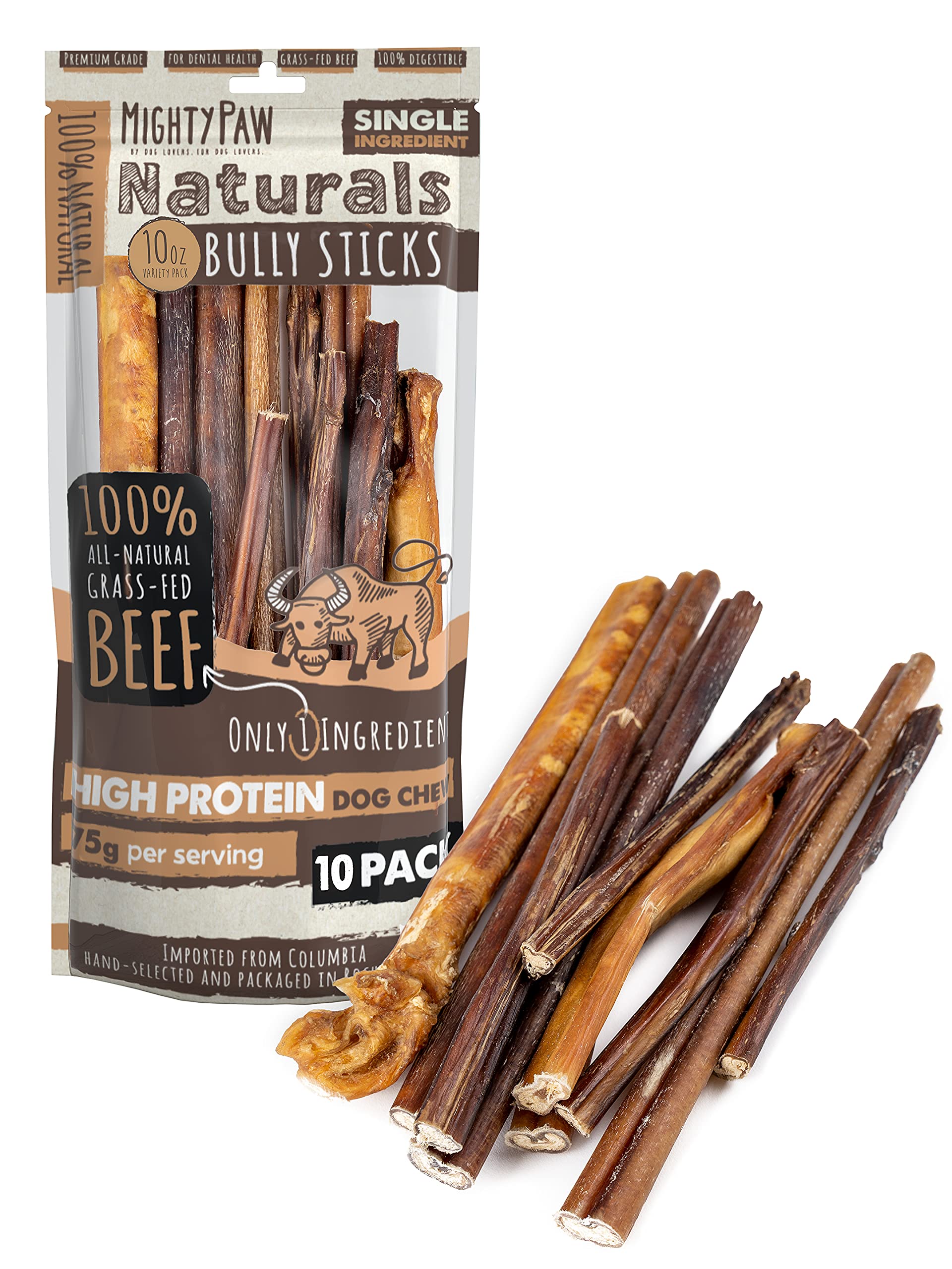 Pack Mighty Paw Naturals Varieté Bully Sticks pour chiens, variété adaptée à tous les gabarits.