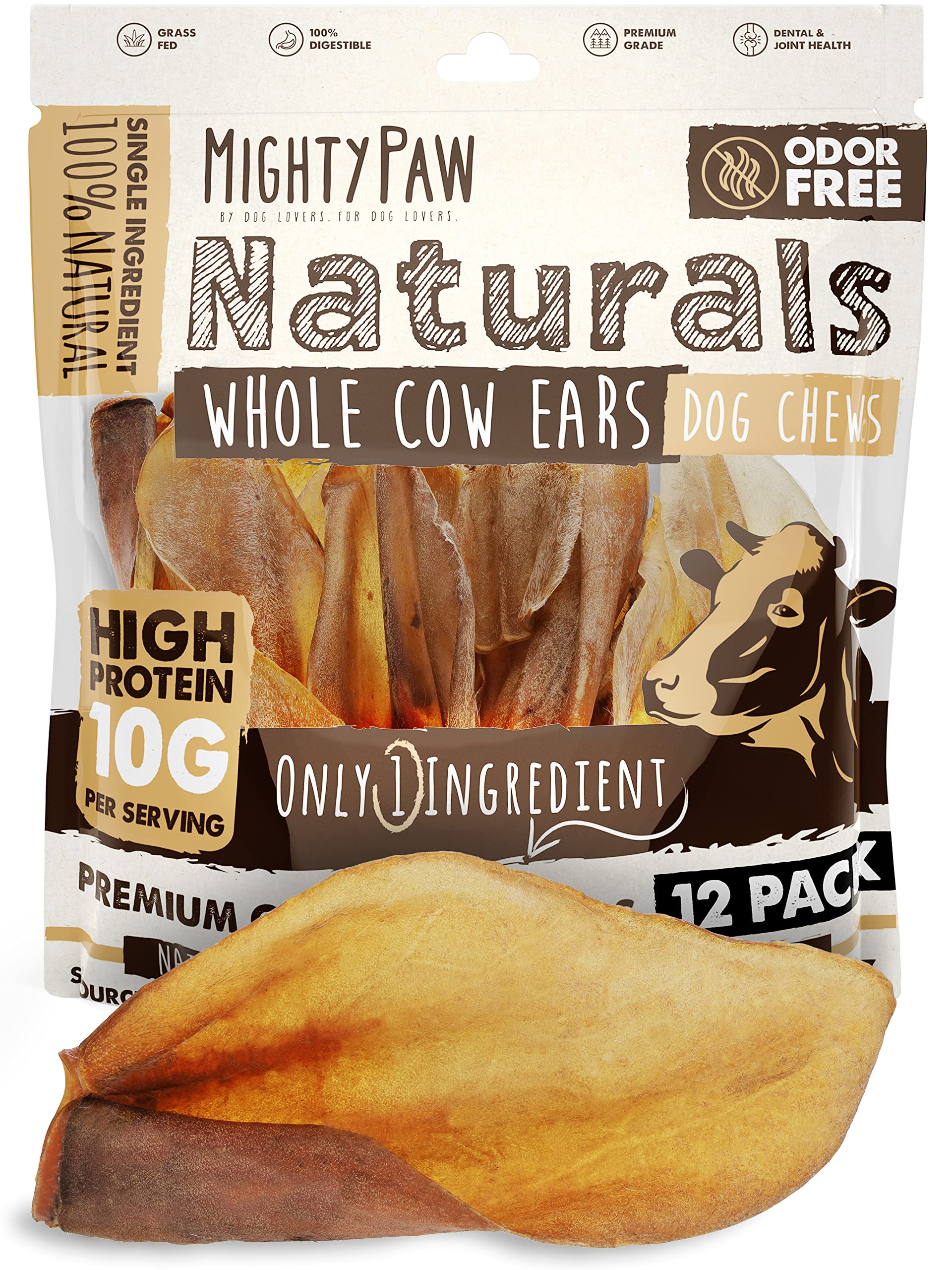 Mighty Paw Oreilles vache naturelles emballage pratique, friandise sans additifs.