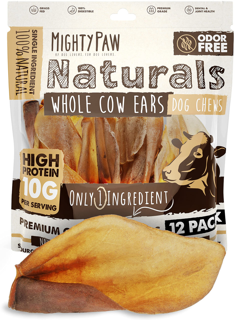 Mighty Paw Oreilles vache naturelles emballage pratique, friandise sans additifs.
