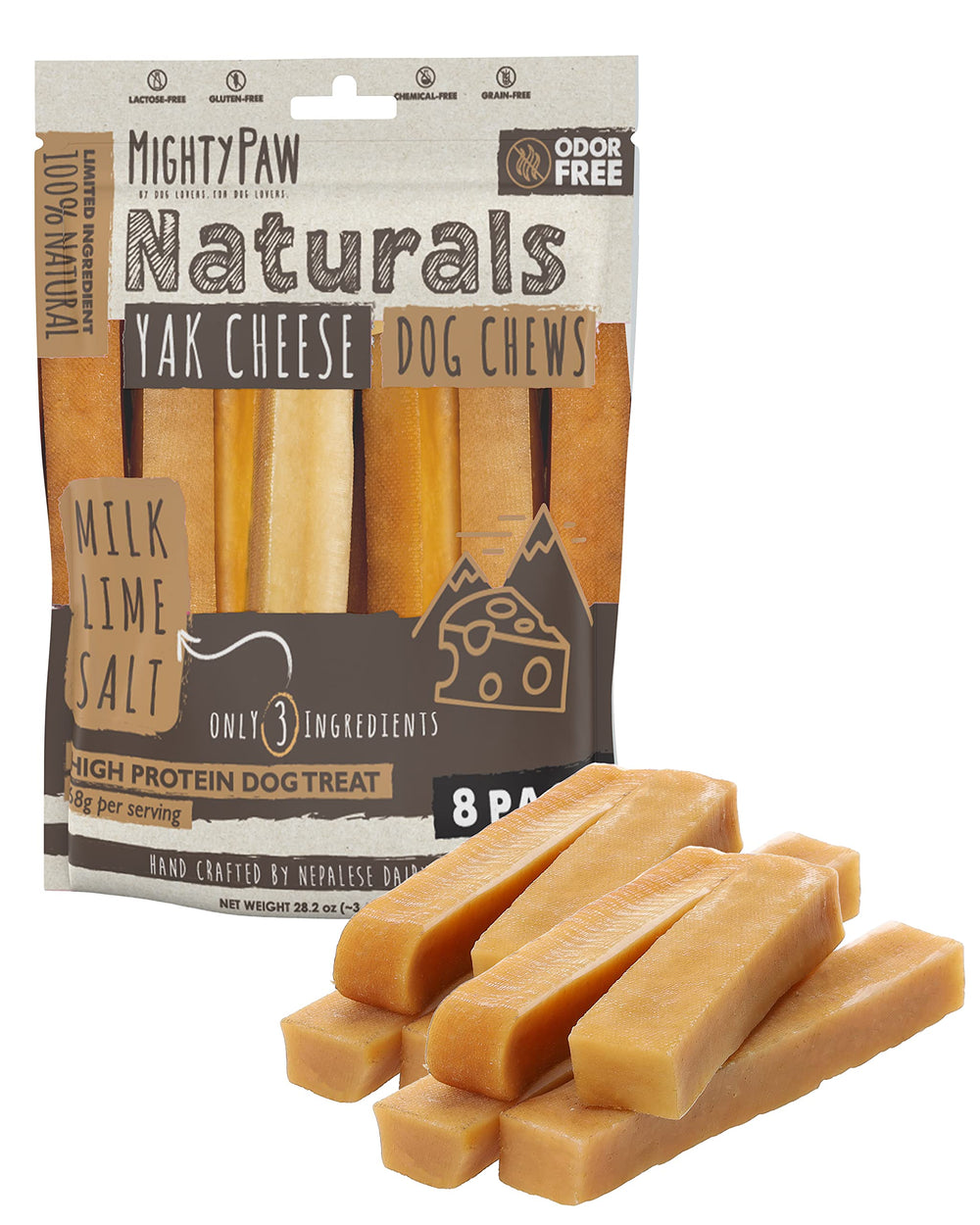 Mighty Paw emballage des bâtonnets fromage Yak, prêt pour une collation naturelle.