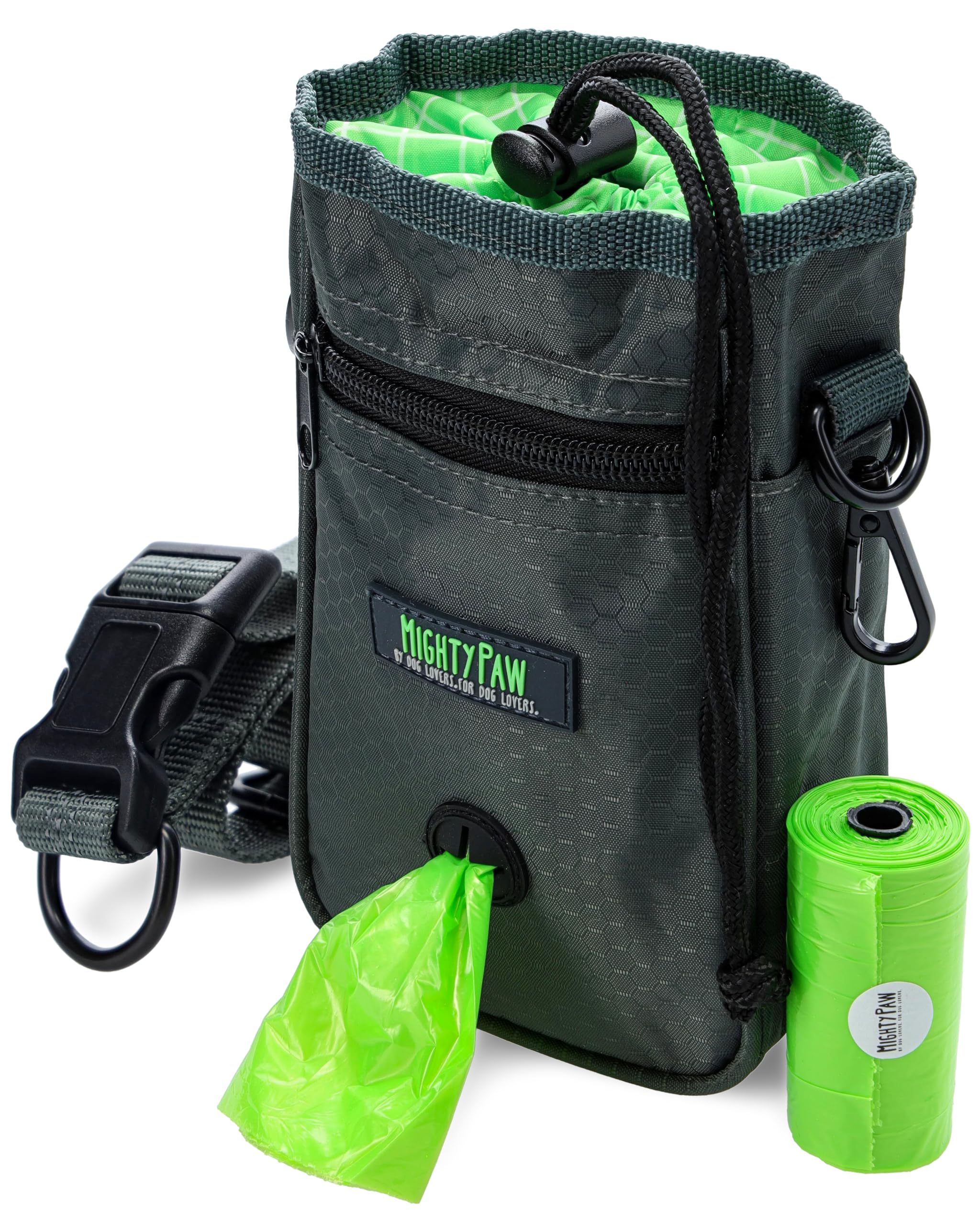 Sac Mighty Paw friandises pour chien avec cordon, pour promenades mains libres.