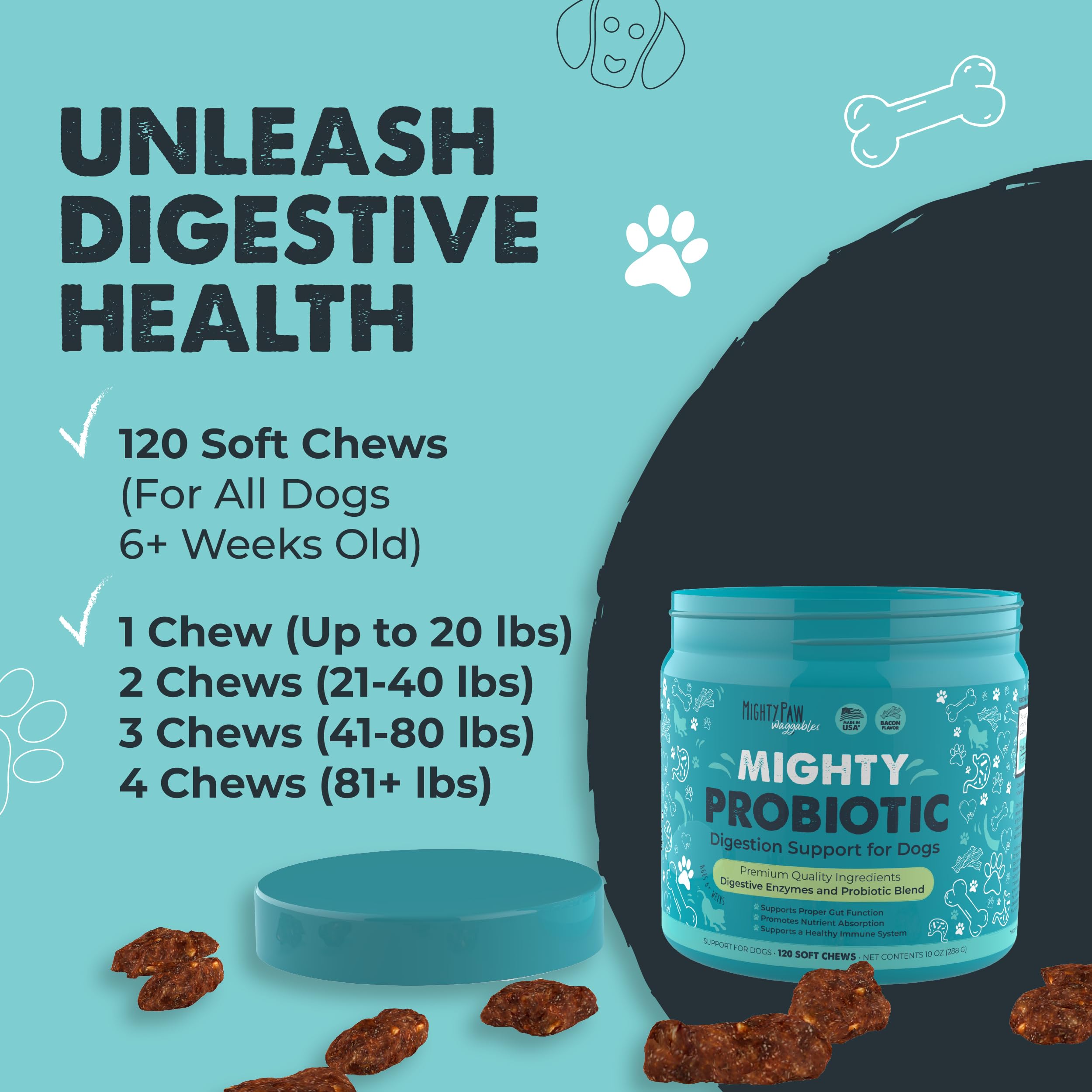 Mighty Paw Waggables mélange probiotiques et enzymes, friandises pour soutenir la digestion