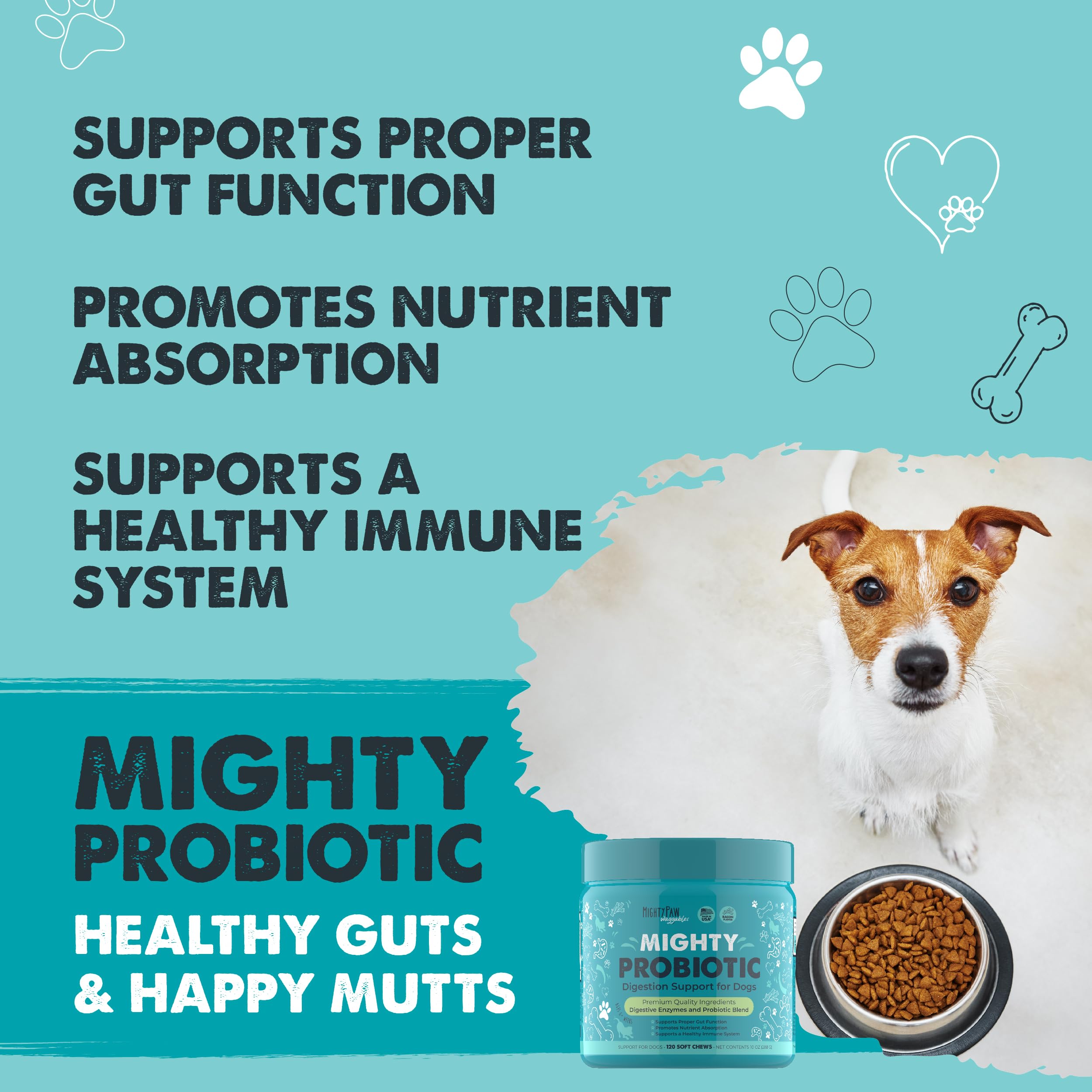 Gros plan sur les friandises probiotiques Mighty Paw Waggables, goût bacon apprécié