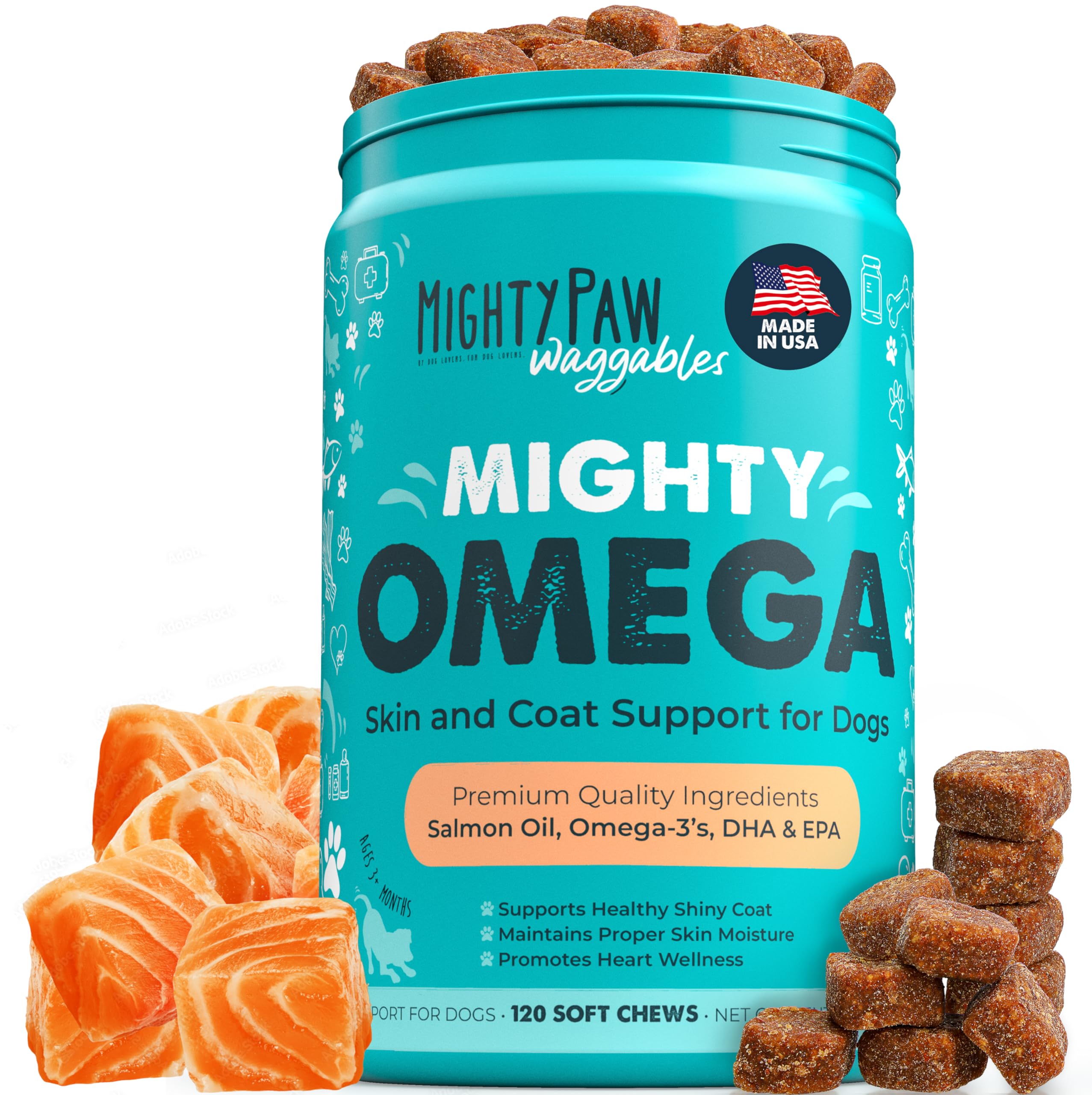 Mighty Paw Mighty Omega – bouteille saumon, pelage éclatant potentiel.
