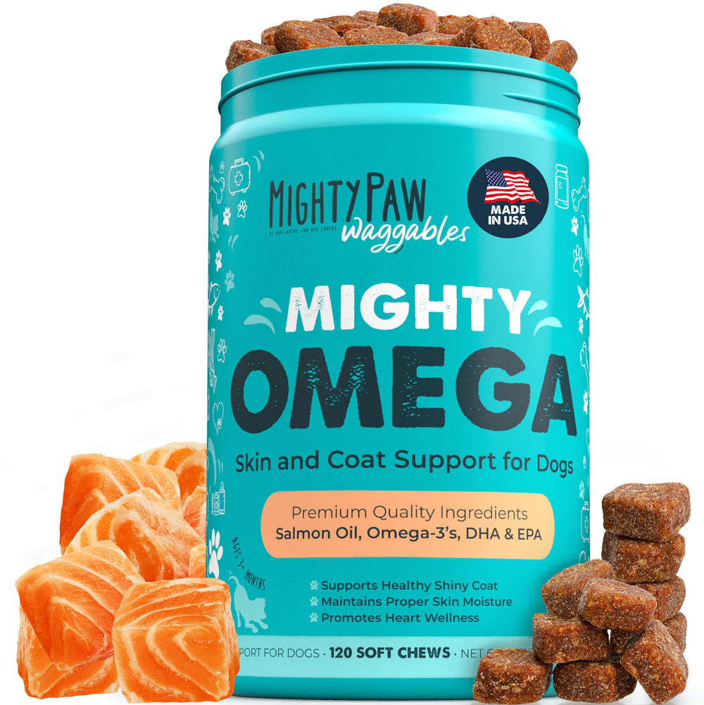Mighty Paw Mighty Omega – bouteille saumon, pelage éclatant potentiel.