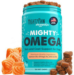 Mighty Paw Mighty Omega – bouteille saumon, pelage éclatant potentiel.