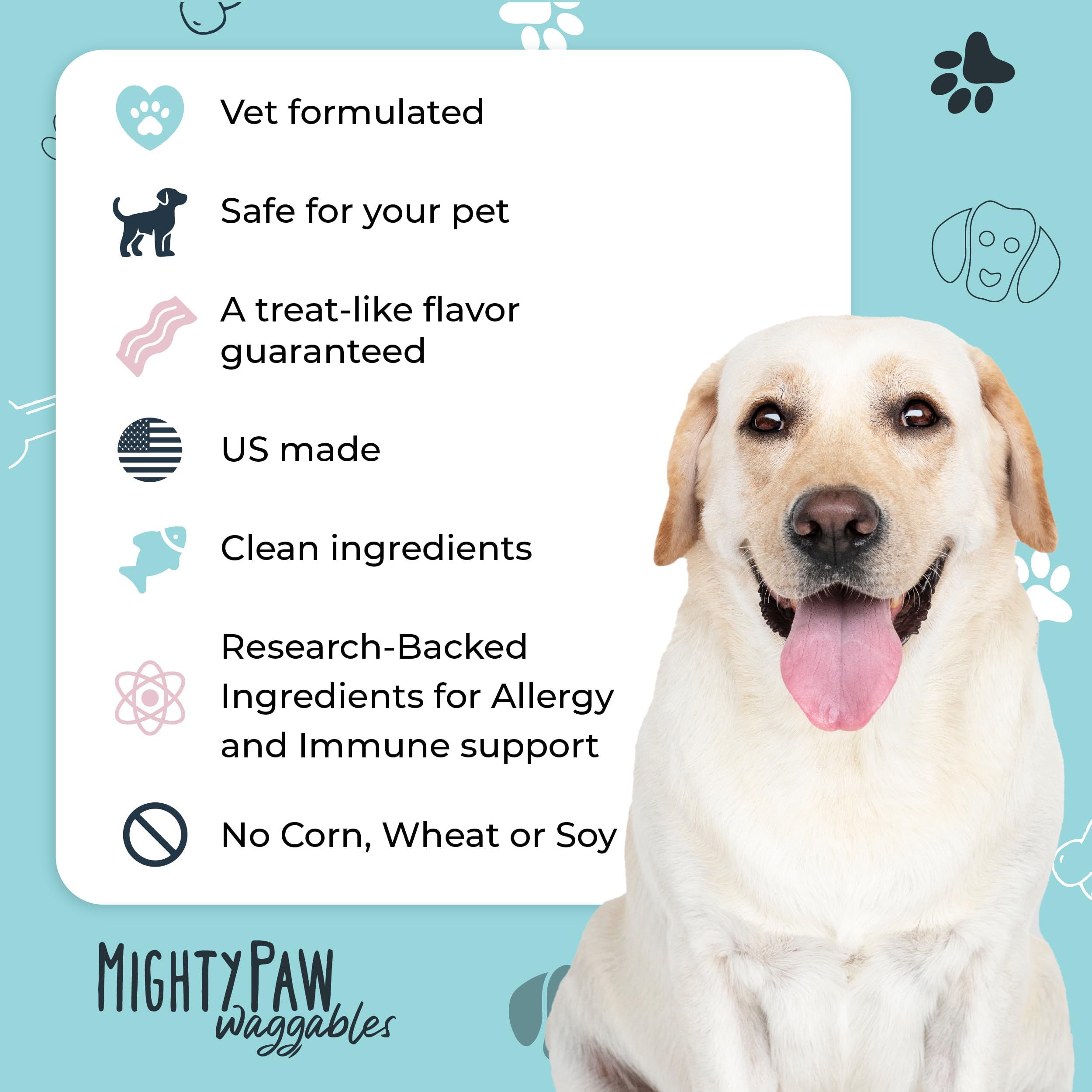 Mighty Paw Waggables omega3-quercetine-ingrédients: soutien potentiel de la peau et du pelage.