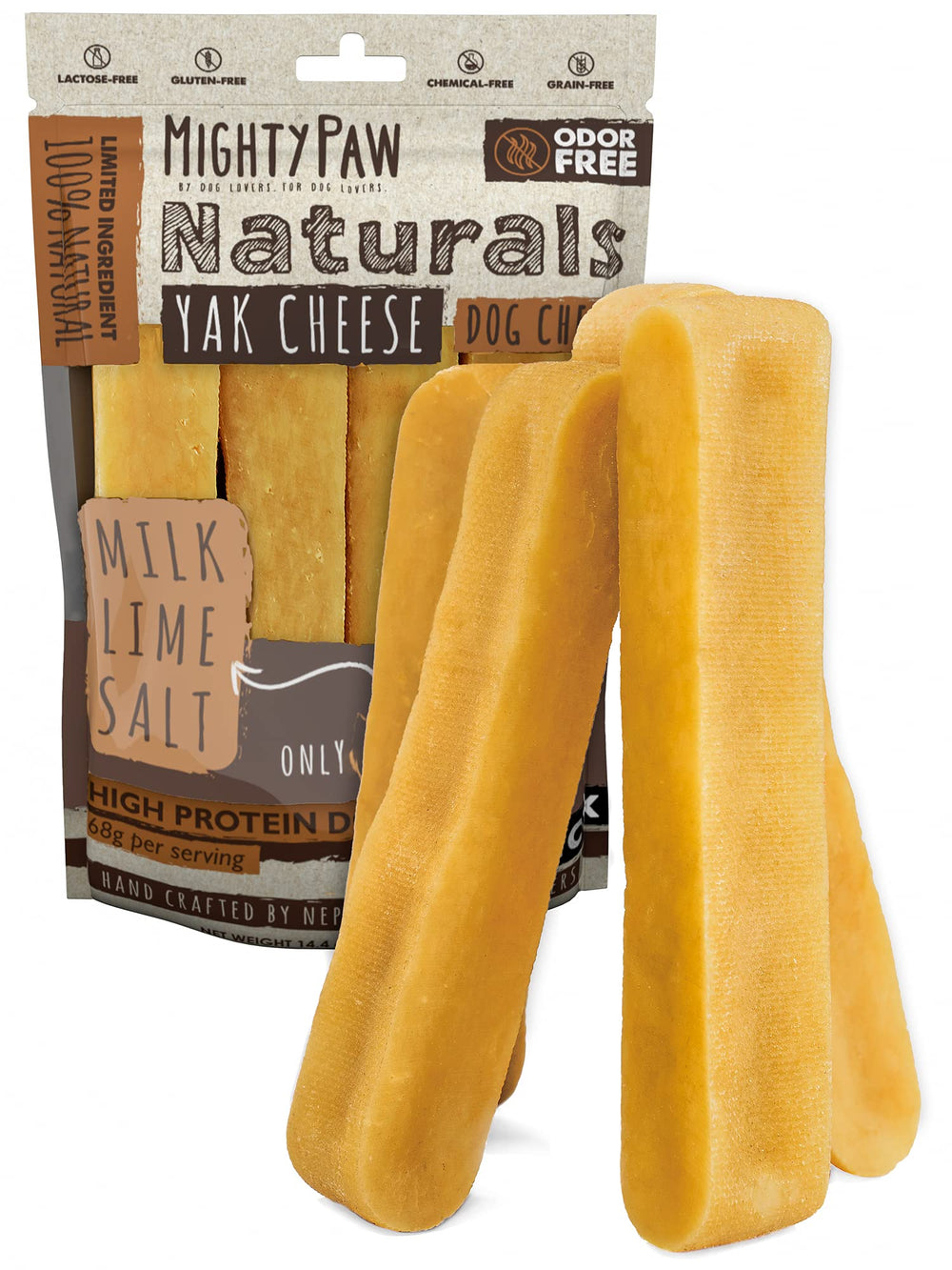 Friandise Mighty Paw Yak Cheese : bâton durable pour grands mâcheurs, aide à occuper le chien.