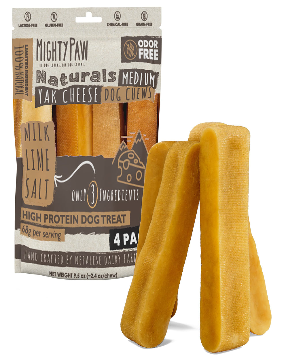 Emballage Mighty Paw Yak Cheese Baton, friandise saine et sans odeur.