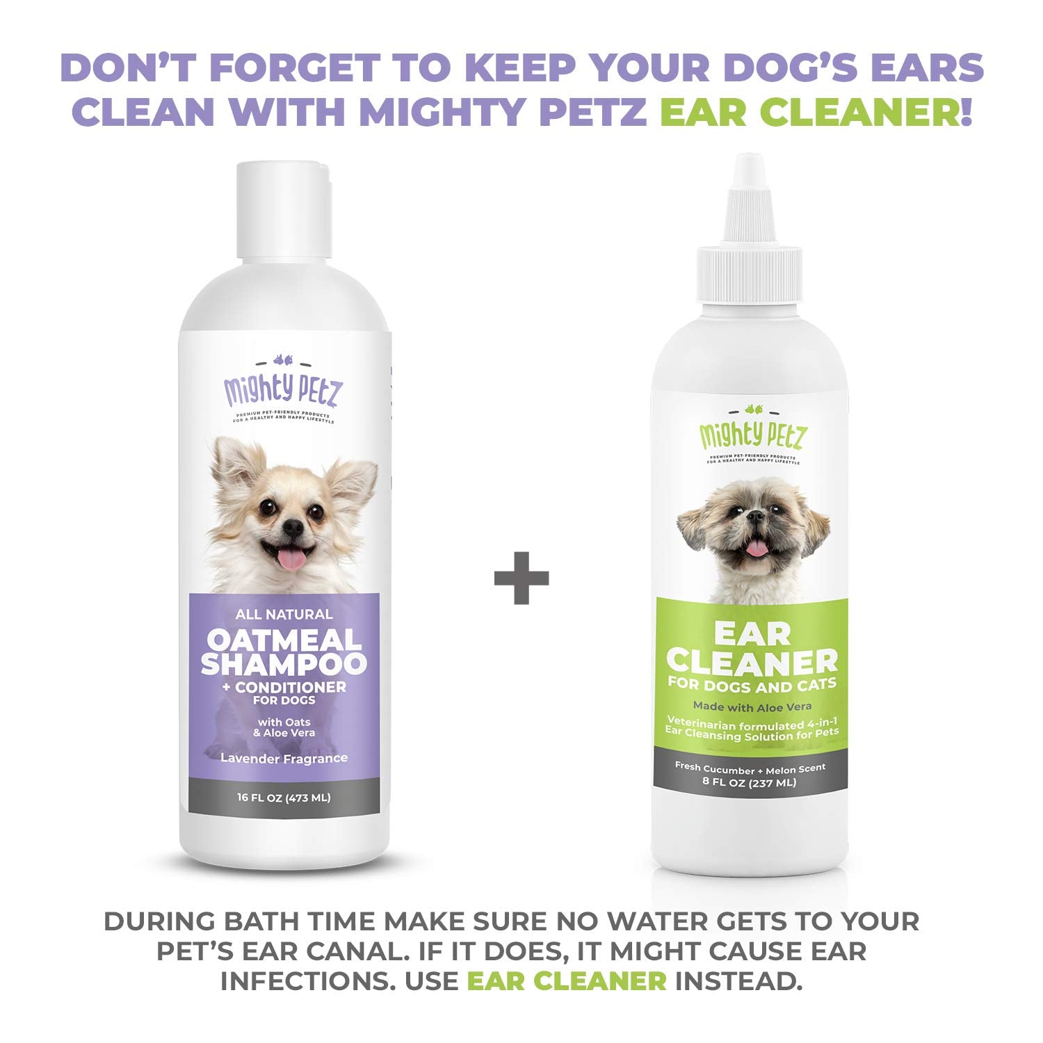 Produit 2-en-1 Mighty Petz: shampooing et après-shampooing pratique.