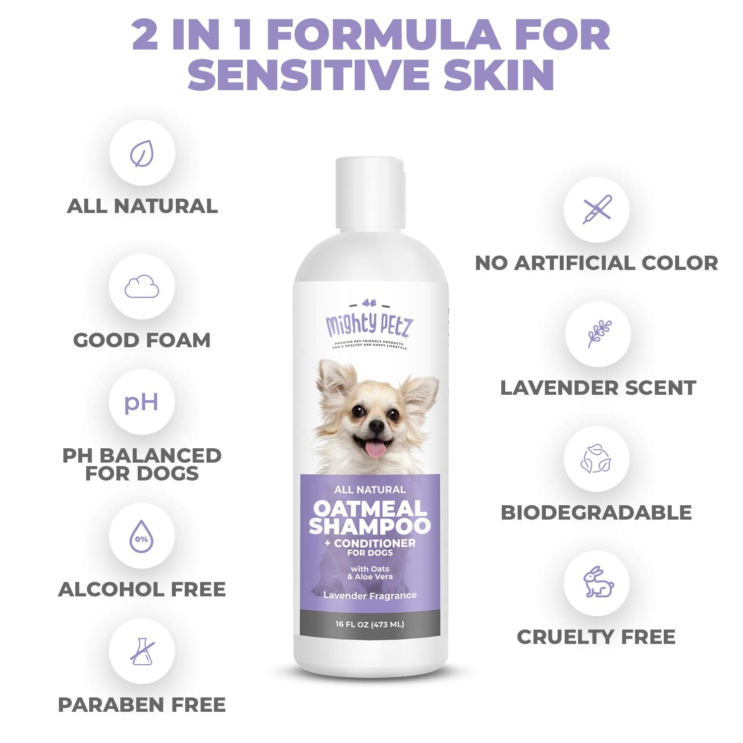 Shampooing lavande Mighty Petz pour une expérience de bain agréable.