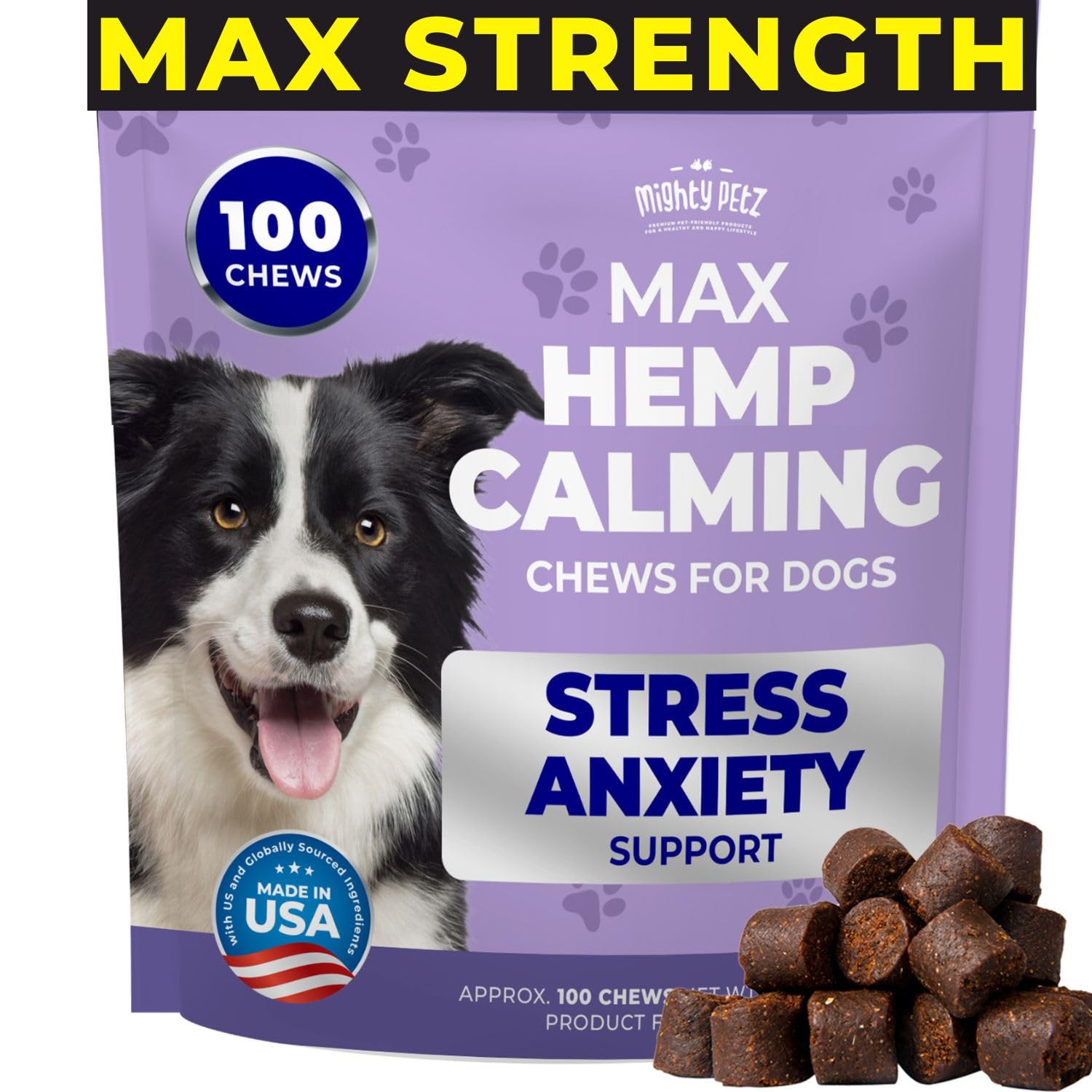 Mighty Petz MAX Bouchées apaisement chanvre: soutien potentiel pour le calme quotidien du chien.