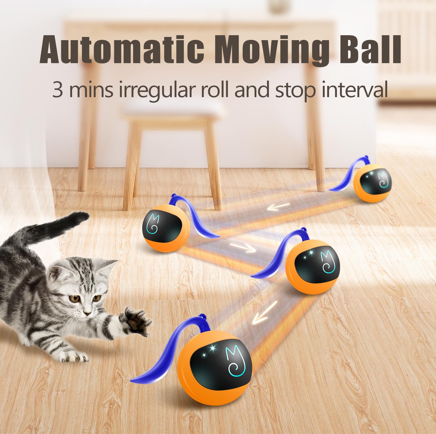 Balle Migipaws roulante attire l’instinct de chasse et l’agilité du chat.