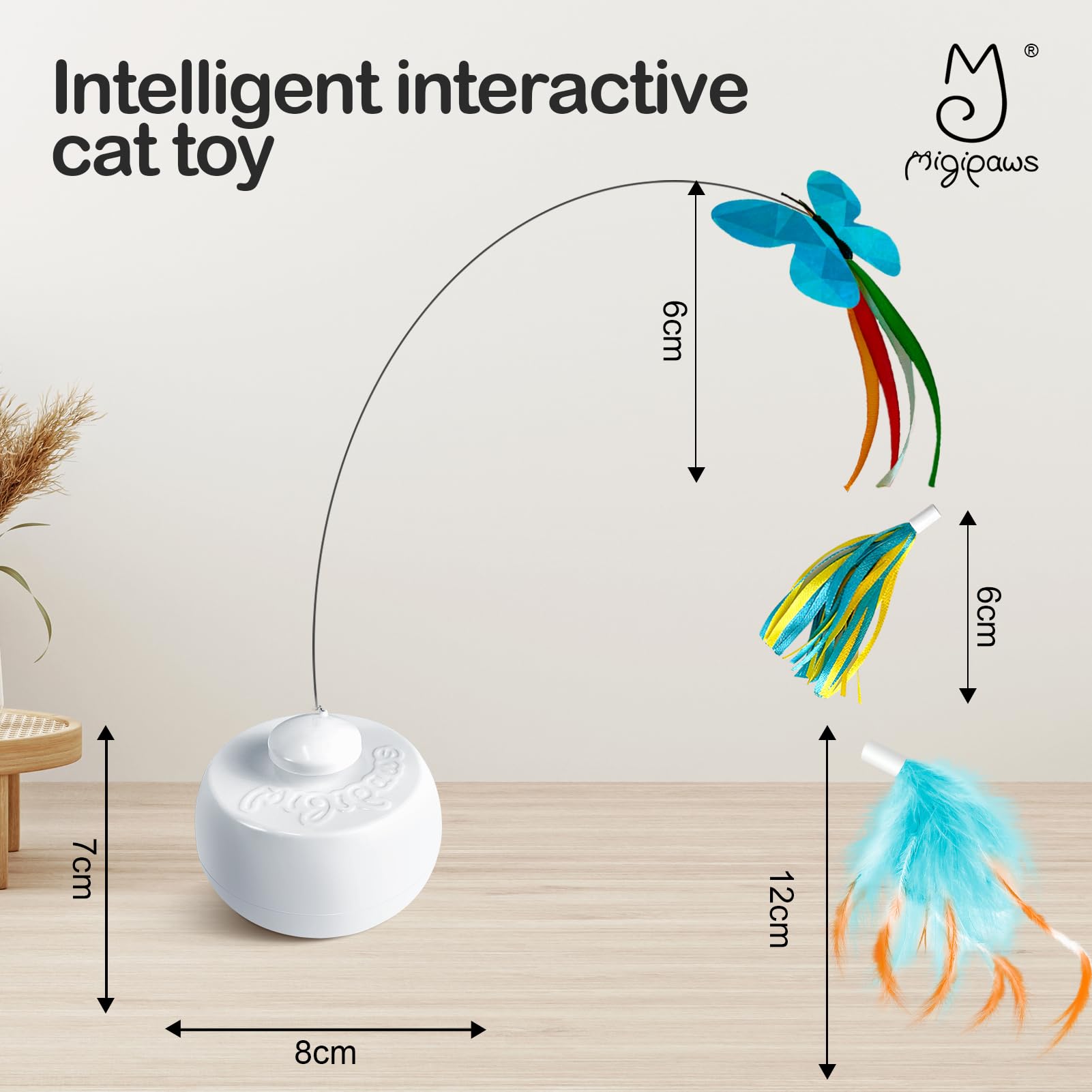 Migipaws plume interactive: mouvement fluide pour exercice léger.