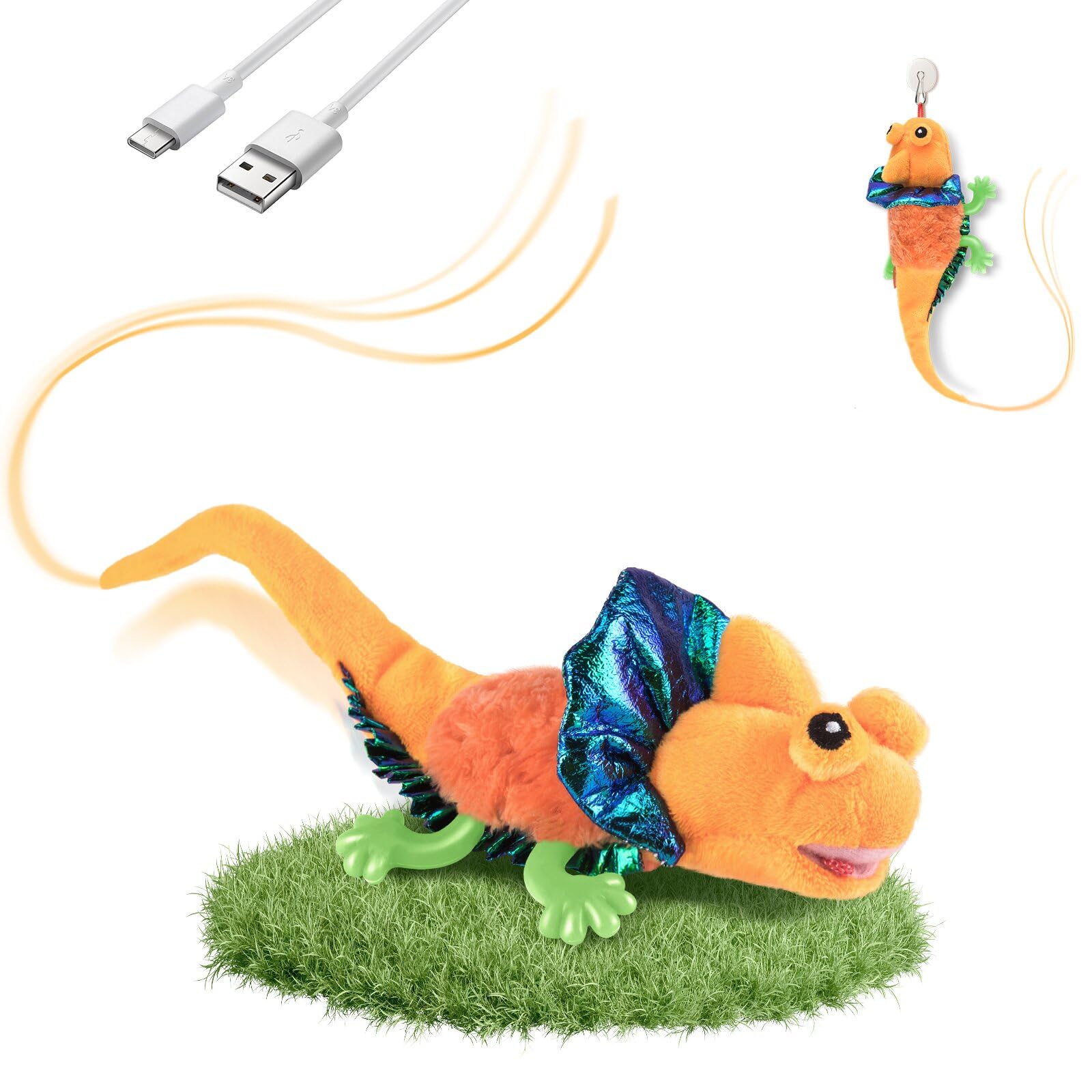 Migipaws Lézard peluche battant orange, jouet interactif pour chats d'intérieur.