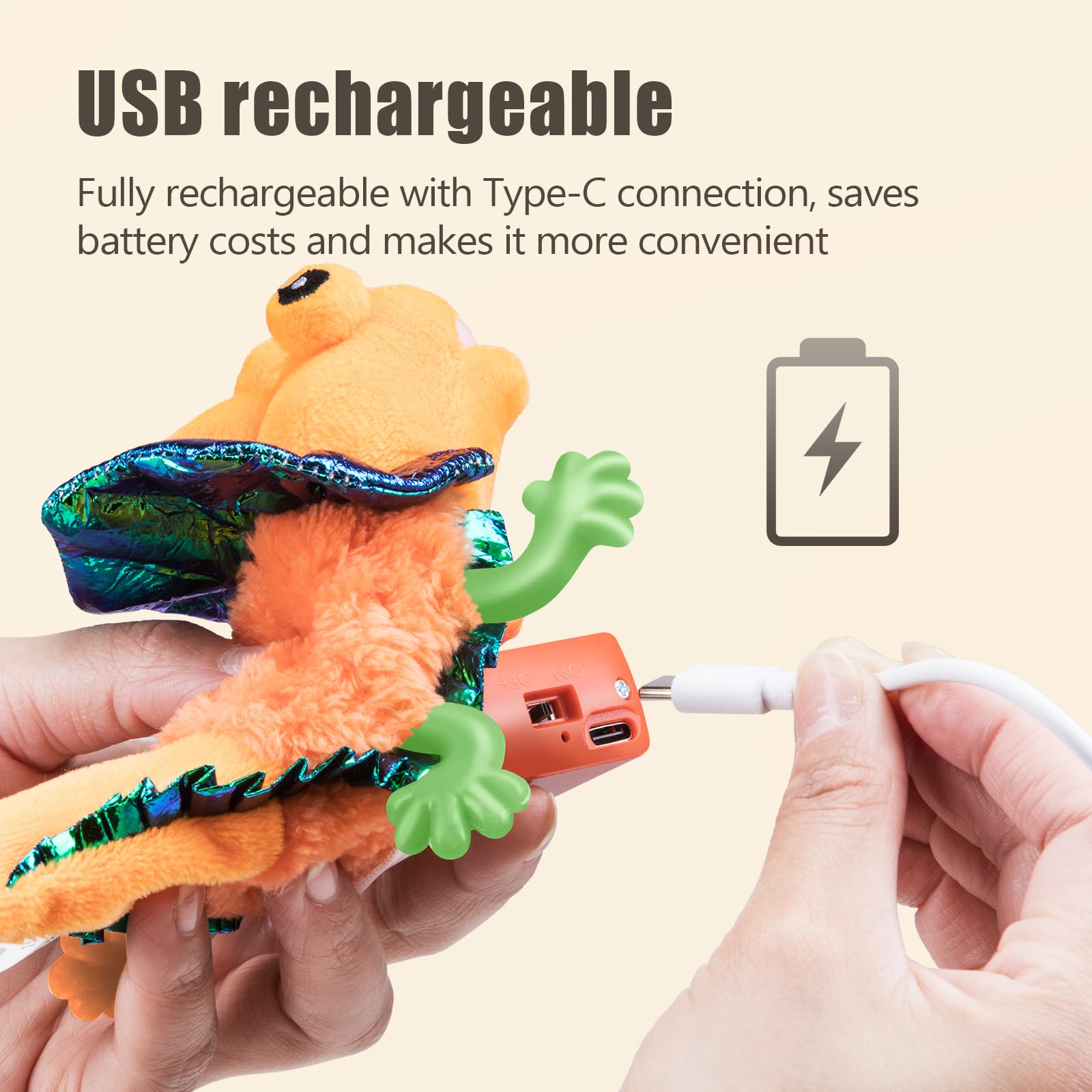 Migipaws Lézard recharge USB-C, prêt à jouer sans piles.