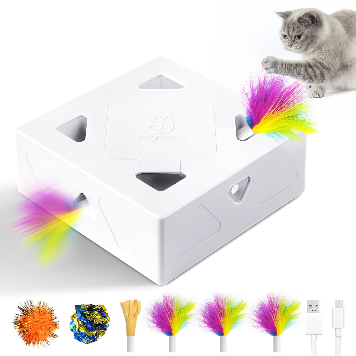 Migipaws MigiBox : interaction 3-en-1 pour chats d’intérieur et stimulation du jeu.