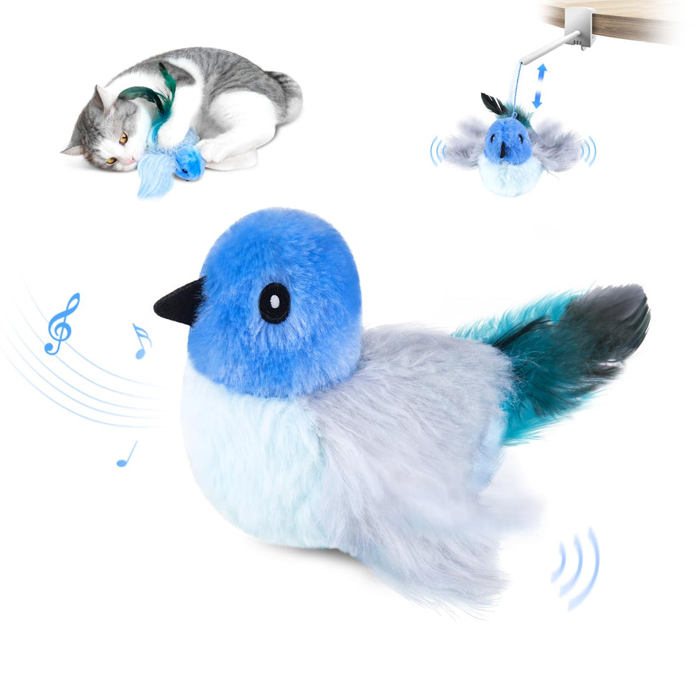 Migipaws oiseau battant interactif avec pince bleu, idéal pour l'amusement actif.