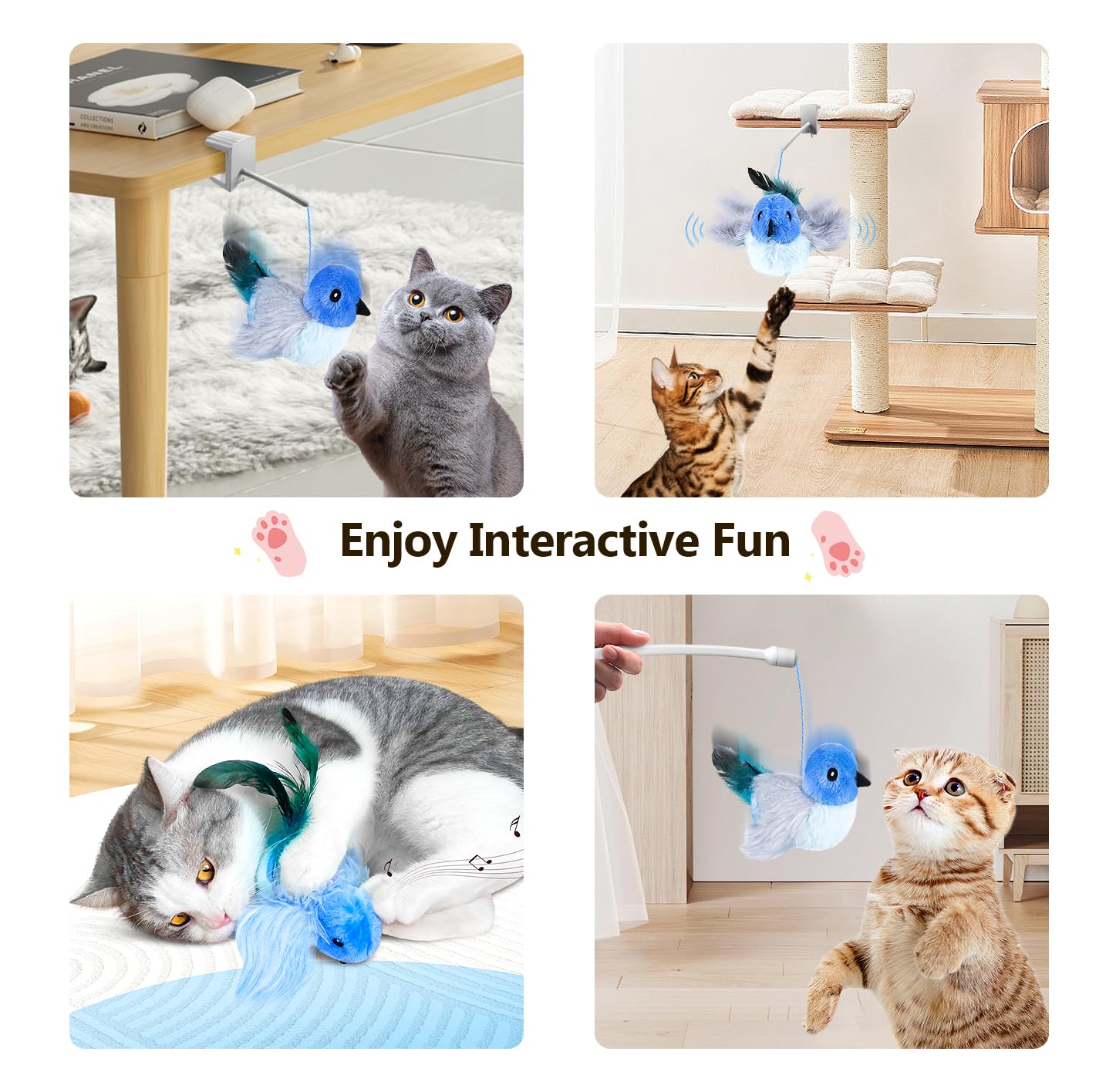 Migipaws oiseau battant interactif, corde elastique bleu, stimule l'énergie du chat.