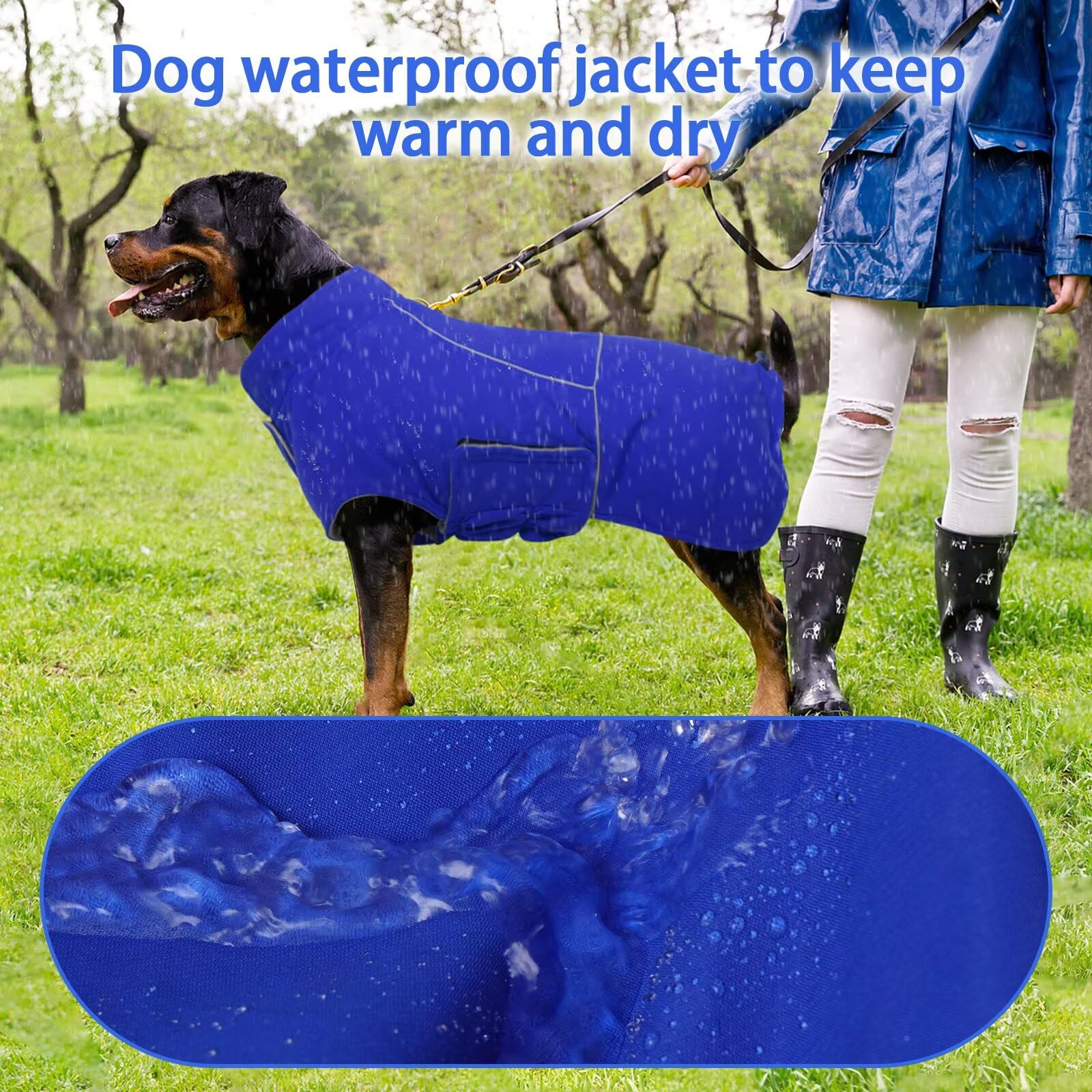 MIGOHI manteau hiver chien bleu L, bandes réfléchissantes pour sécurité nocturne.