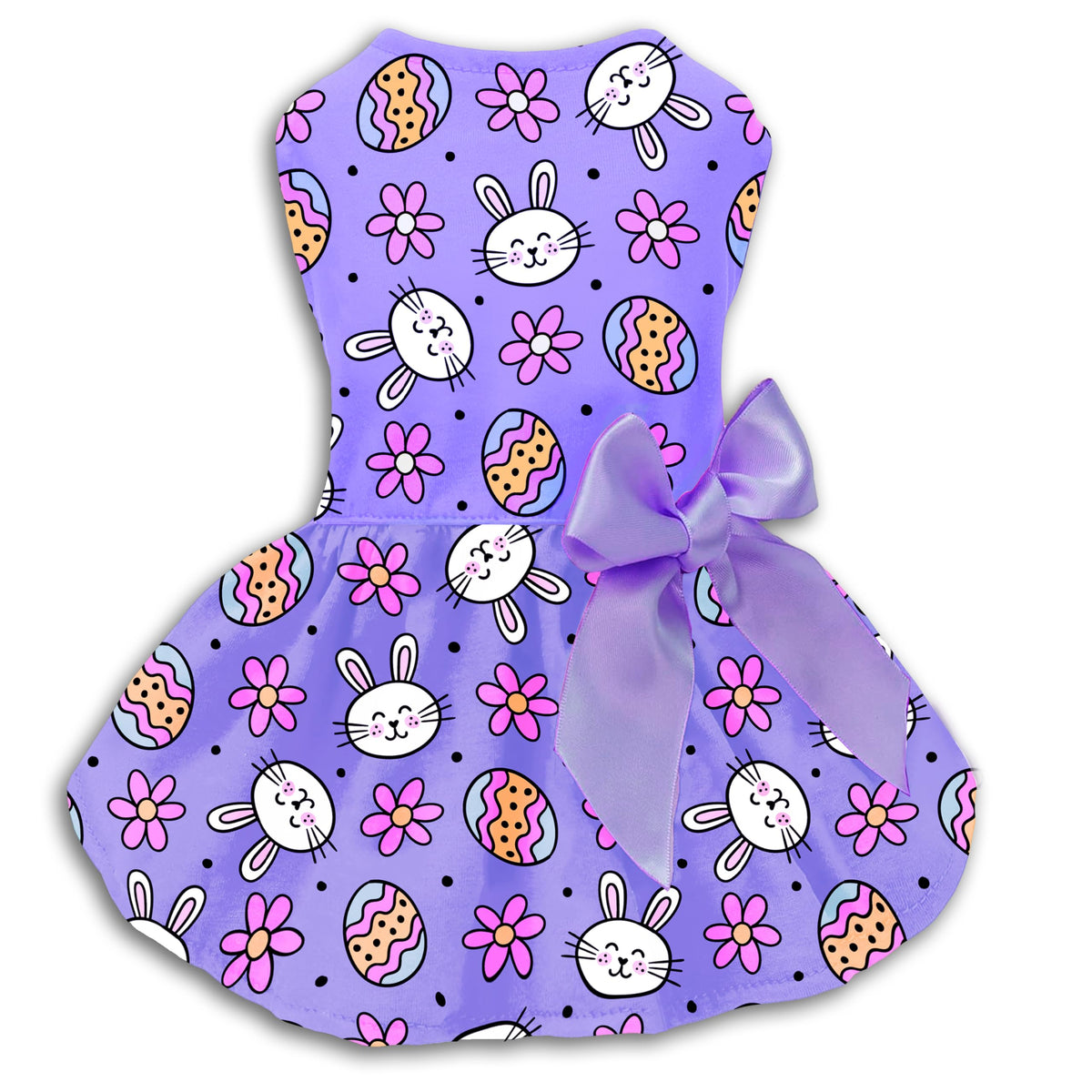 Robe Miiemiu chien Paques violet avec lapin et oeufs, confort léger.