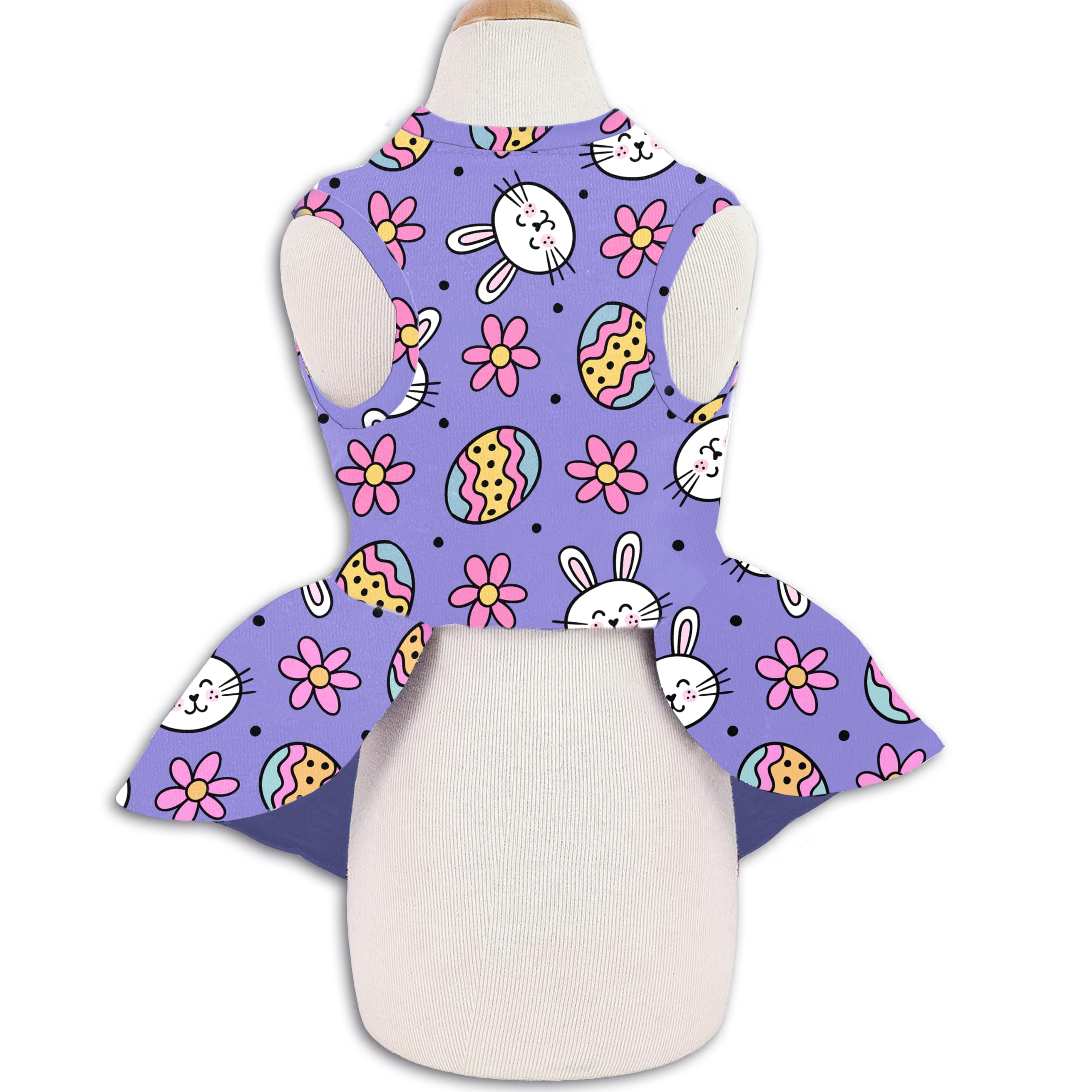 Robe Miiemiu pour chien Paques violet, oeufs colorés, prête pour les photos.
