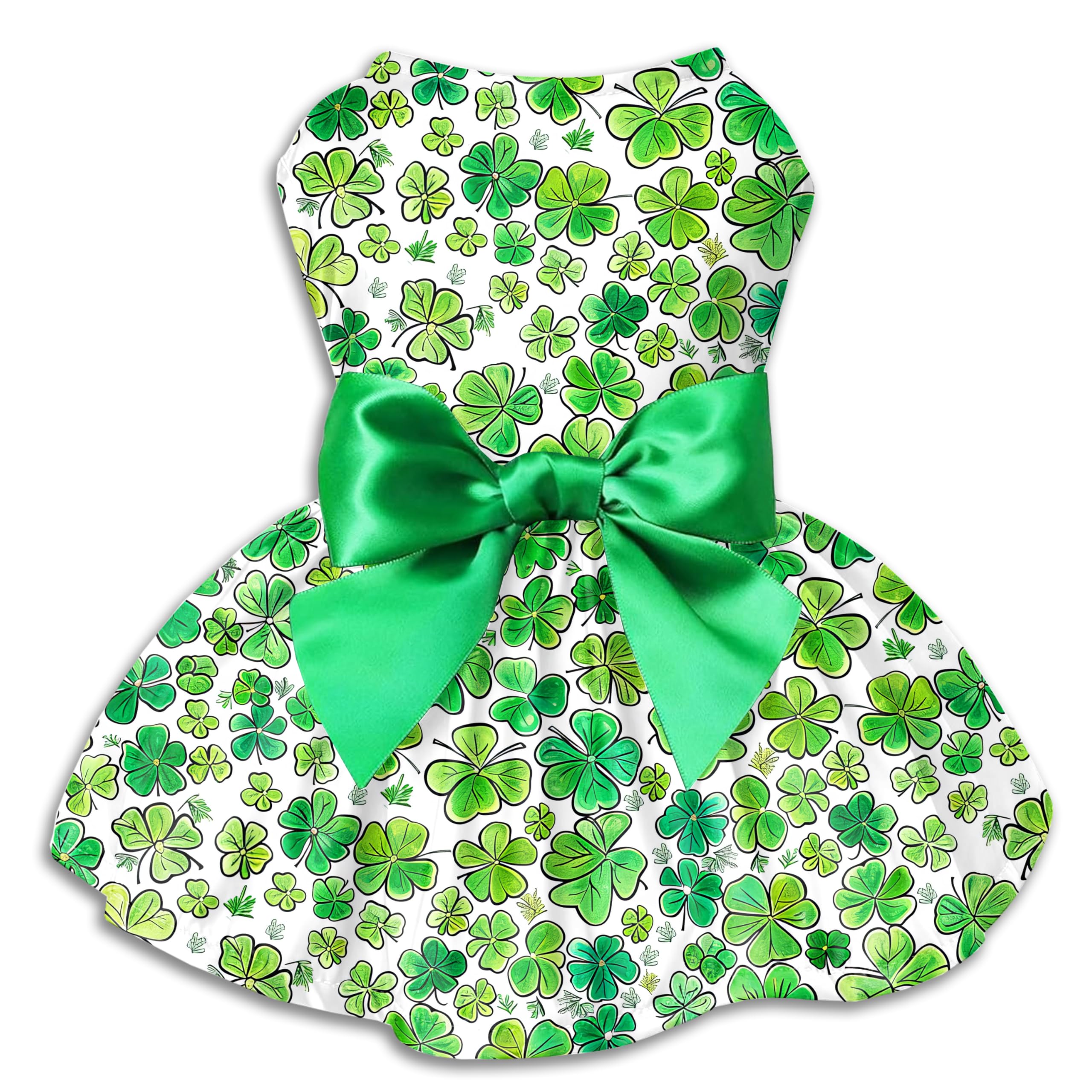 Robe Miiemiu pour chien Saint-Patrick avec trèfle vert, idéale pour photos festives.