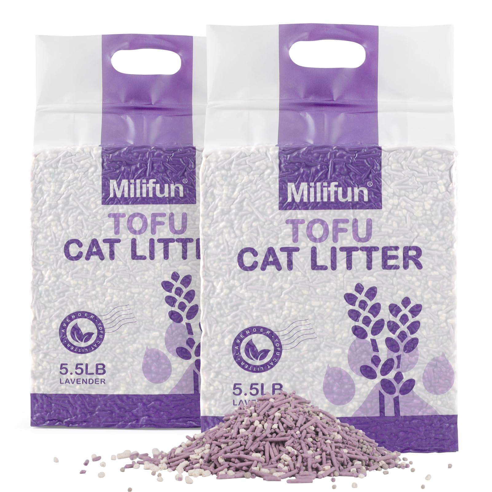 MILIFUN Litière Tofu pour chat : lavande et agglomération rapide pour un nettoyage facile.