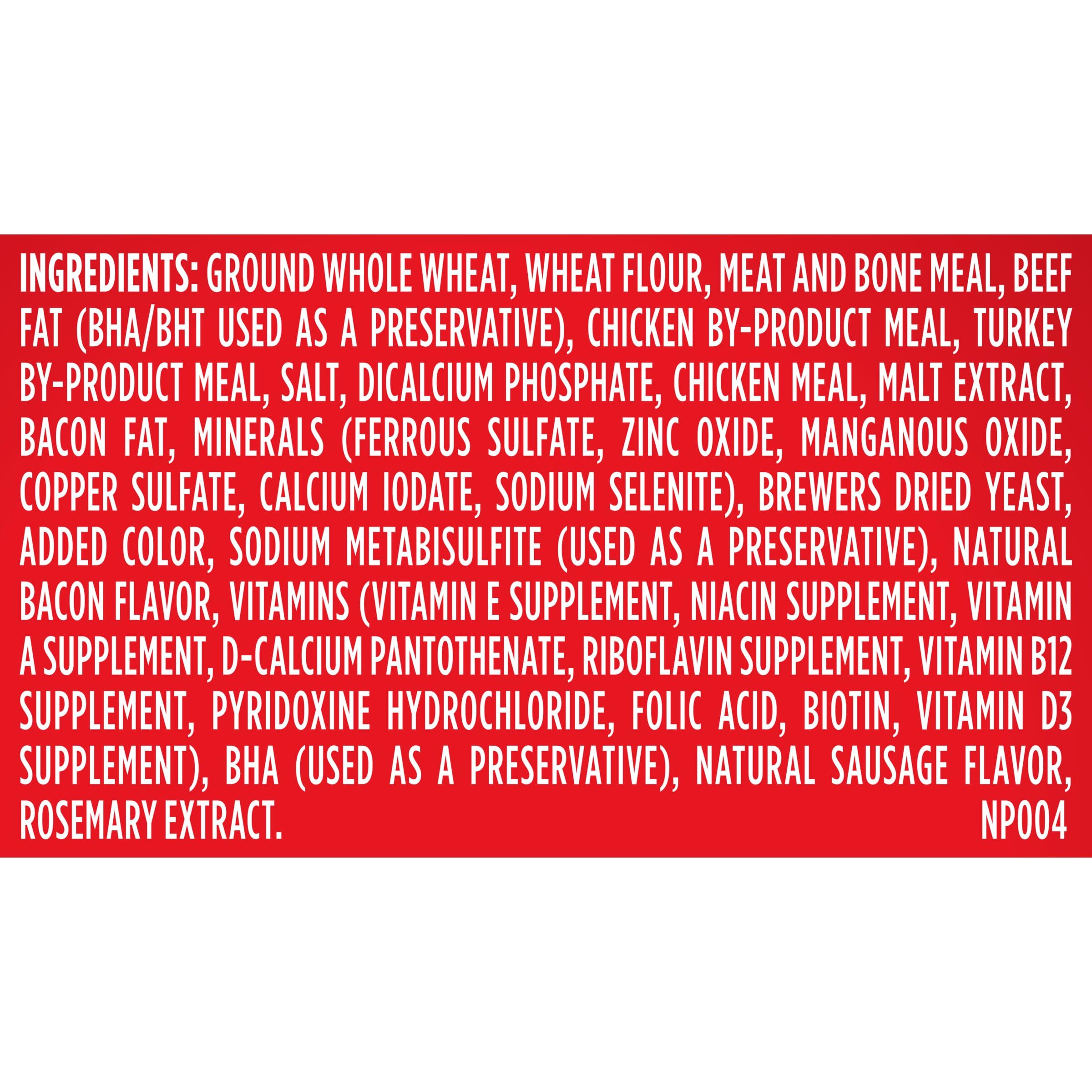 Notice nutritionnelle Milk-Bone affichee, 15% proteines et calcium pour dents et os.