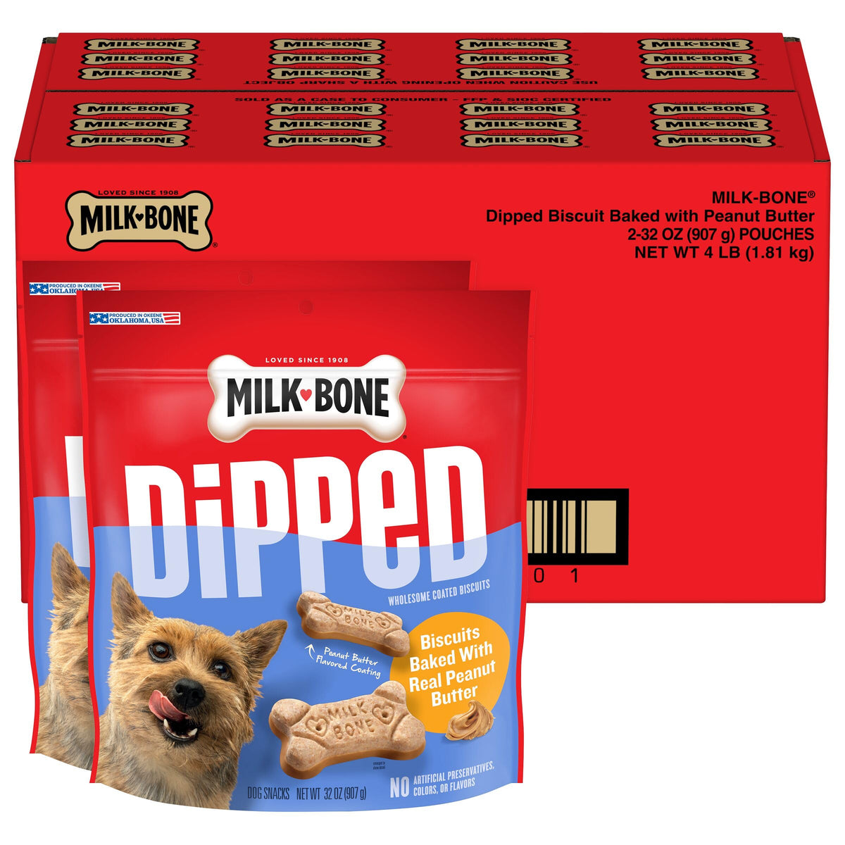 Milk-Bone: biscuits pour chien au beurre de cacahuète enrobés, goût riche et croquant.
