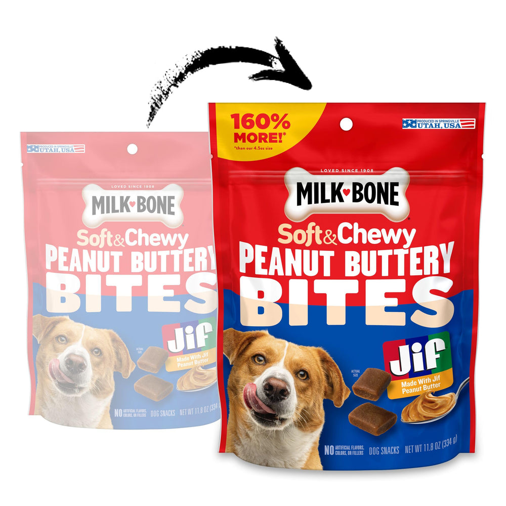 Milk-Bone bouchees au beurre de cacahuete Jif: gout irresistible pour recompense.