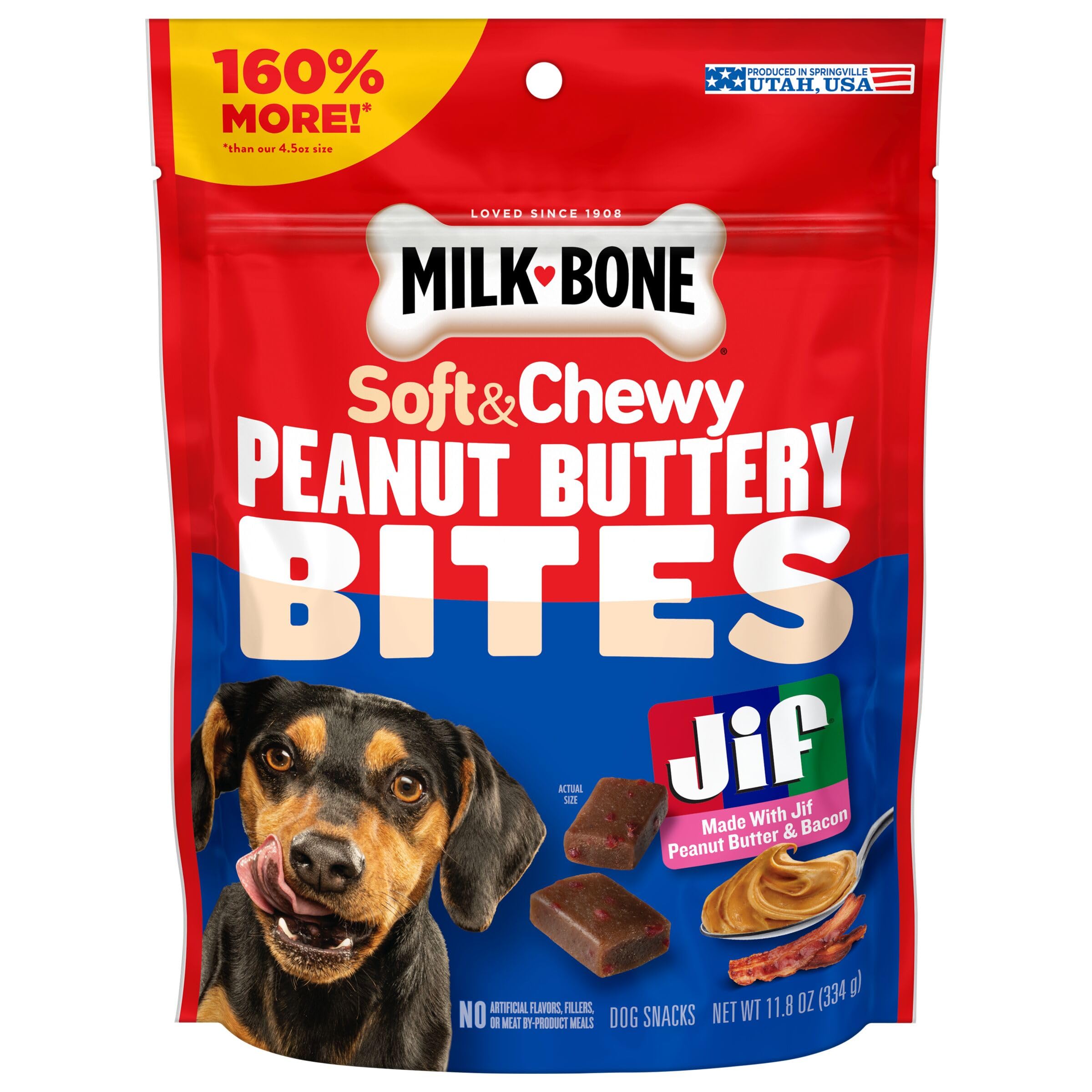 Milk-Bone bouchées moelleuses au beurre de cacahuète et bacon pour chiens.