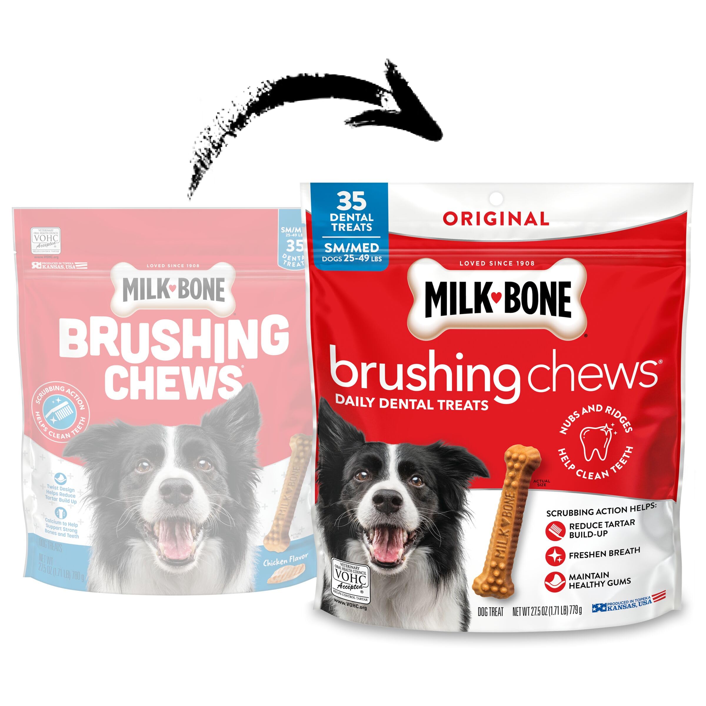 Milk-Bone Brushing Chews avec design bosses et reliefs pour dents propres.