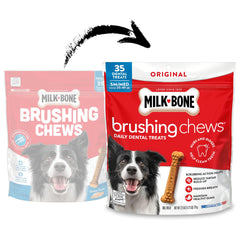 Milk-Bone Brushing Chews avec design bosses et reliefs pour dents propres.