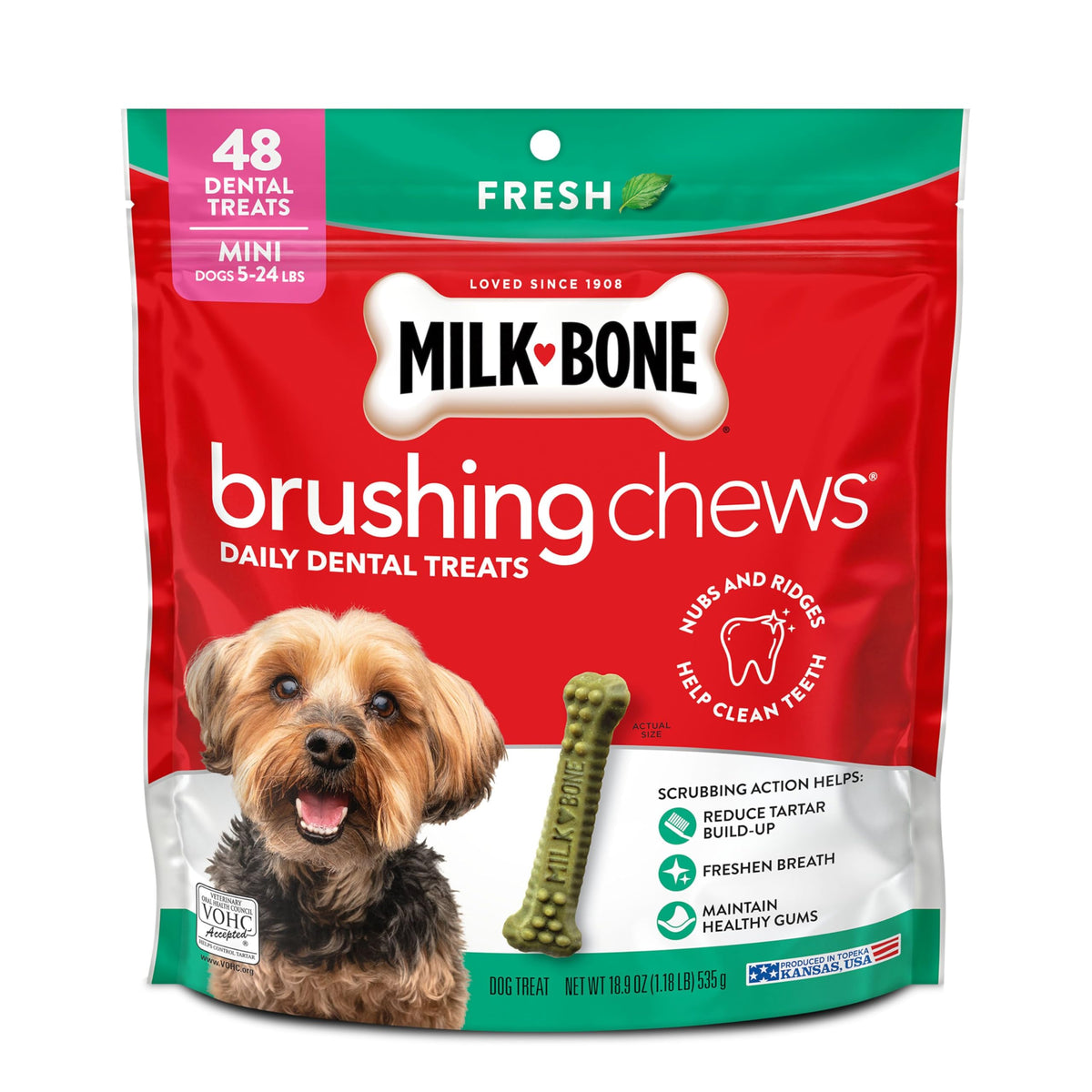Milk-Bone Brushing Chews emballage montrant la fraîcheur menthe et l'hygiène bucco-dentaire.