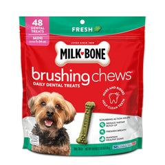 Milk-Bone Brushing Chews emballage montrant la fraîcheur menthe et l'hygiène bucco-dentaire.