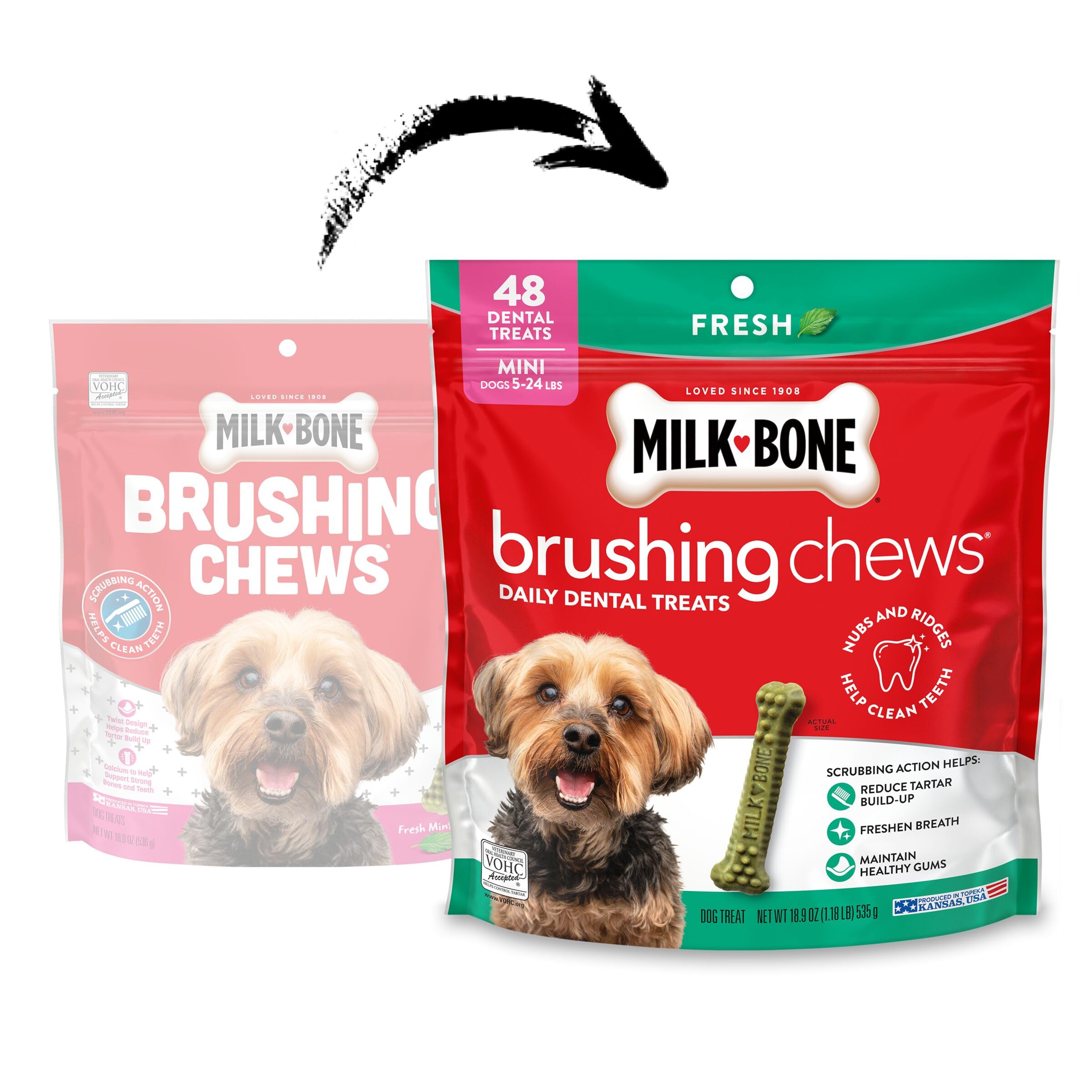 Milk-Bone Brushing Chews miniatures visibles – portions adaptées pour chiens mini et moyens.