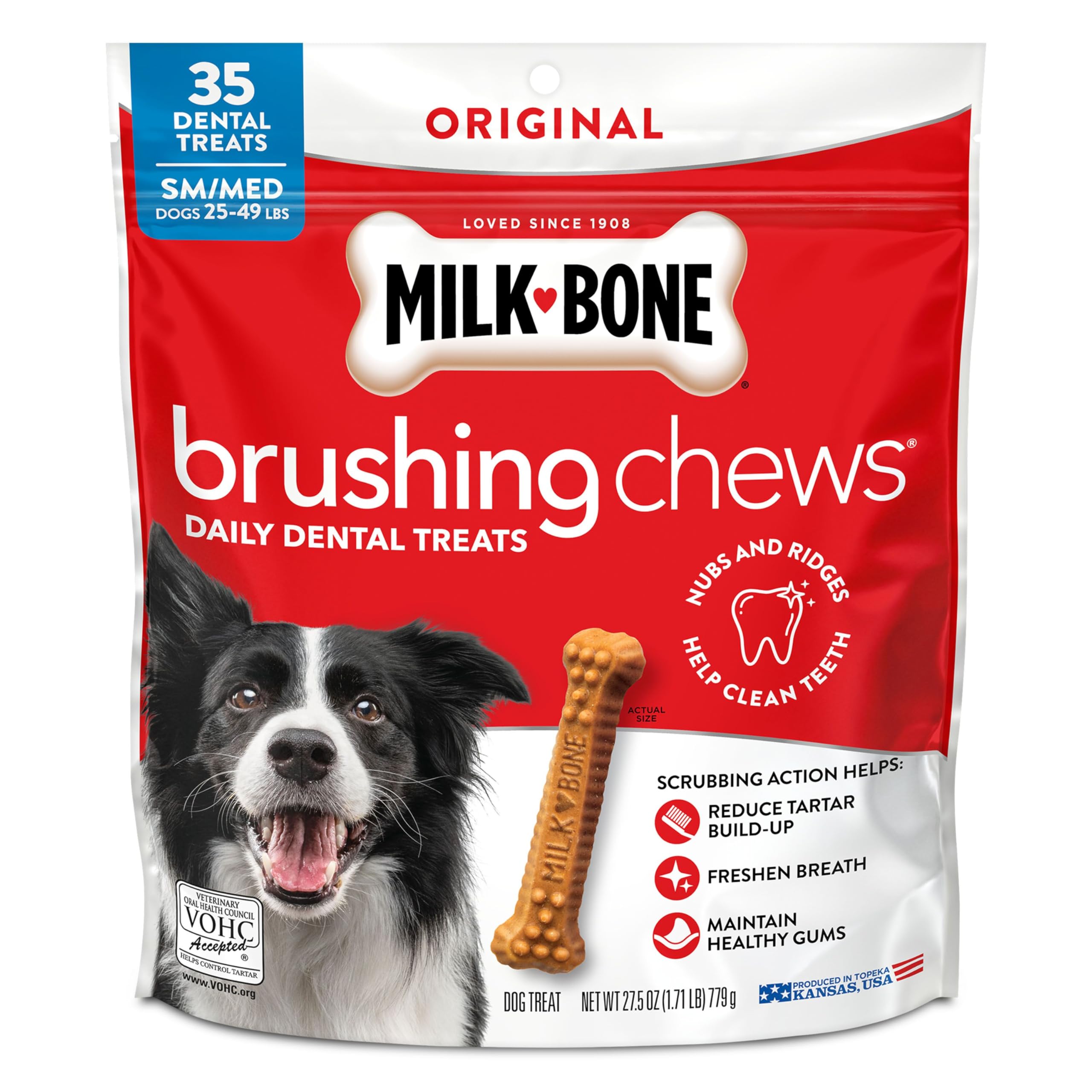 Milk-Bone Brushing Chews Original Chicken, sac 27-5oz, aide à nettoyer les dents.