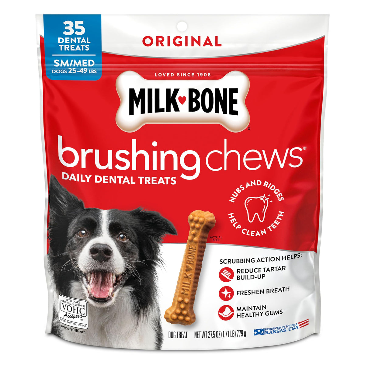Milk-Bone Brushing Chews Original Chicken, sac 27-5oz, aide à nettoyer les dents.